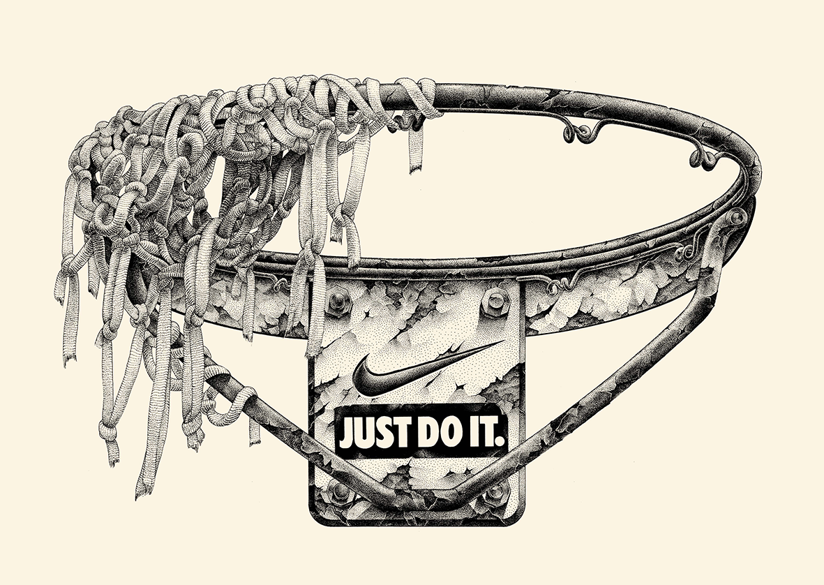 Texte Alternatif (Alt Text) : Illustration vintage en noir et blanc par l'artiste Shane Hello représentant un cercle de basket-ball en métal rouillé et écaillé. Le filet en cordage est emmêlé d'un côté. Sur la plaque de fixation centrale figurent le 