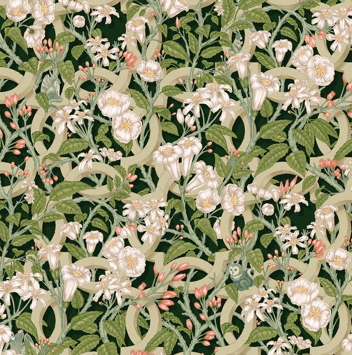 Illustration de motif répétitif (pattern) aux détails minutieux créée par l'artiste Shane Hello. Le visuel montre une structure architecturale en anneaux de pierre entrelacés (quadrilobes style Notre-Dame) envahie par de la végétation, des fleurs bla