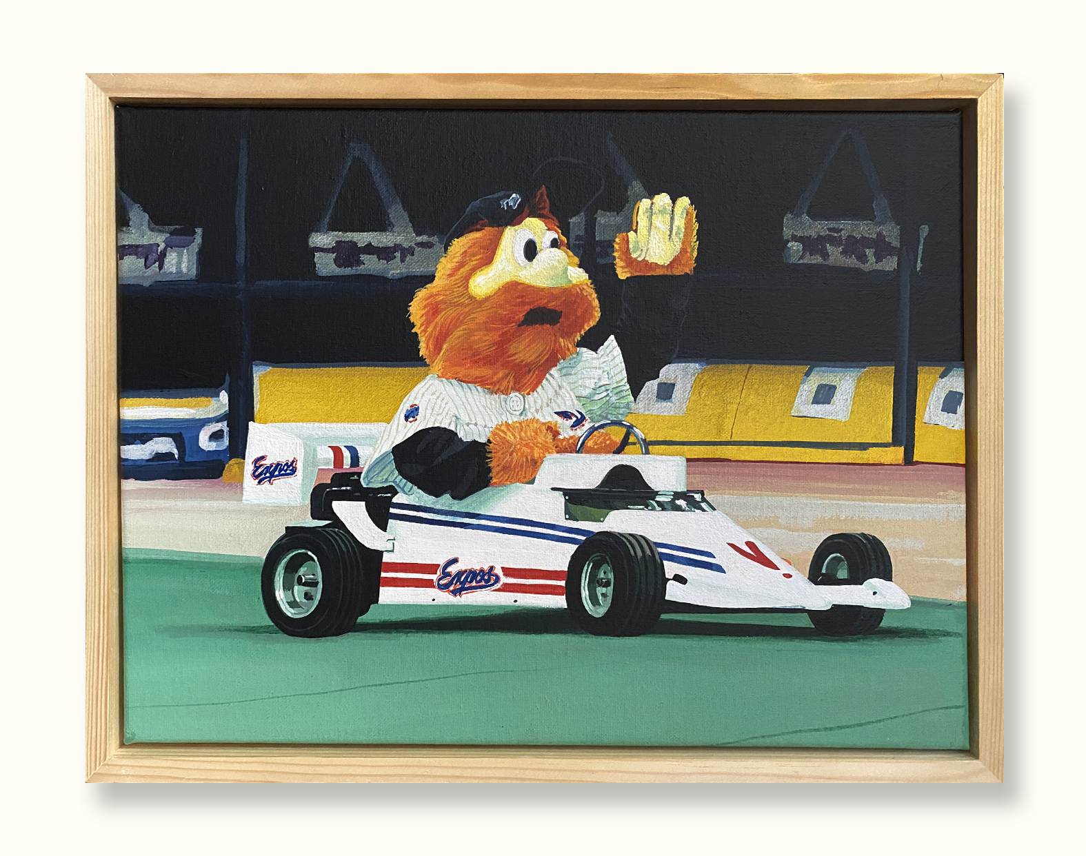 Peinture encadrée par l'artiste Shane hello représentant Youppi!, la mascotte poilue orange des Expos de Montréal, pilotant une monoplace de Formule 1 vintage sur un circuit.