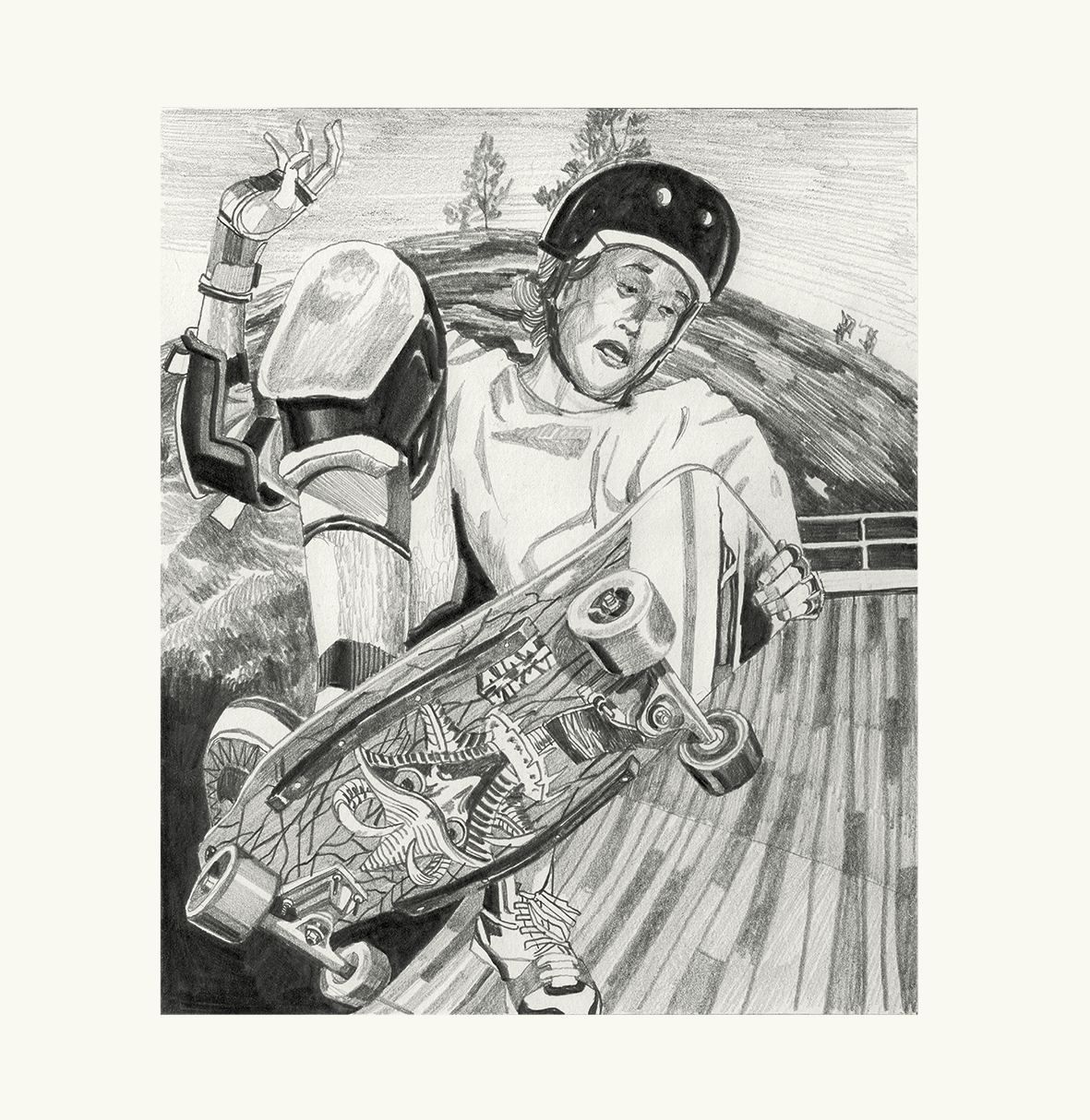 Ce portrait et dessin d'action d'une grande précision, réalisé au crayon de graphite sur papier par l'artiste Shane hello, rend hommage à la légende ultime du skateboard : Tony Hawk durant ses jeunes années.