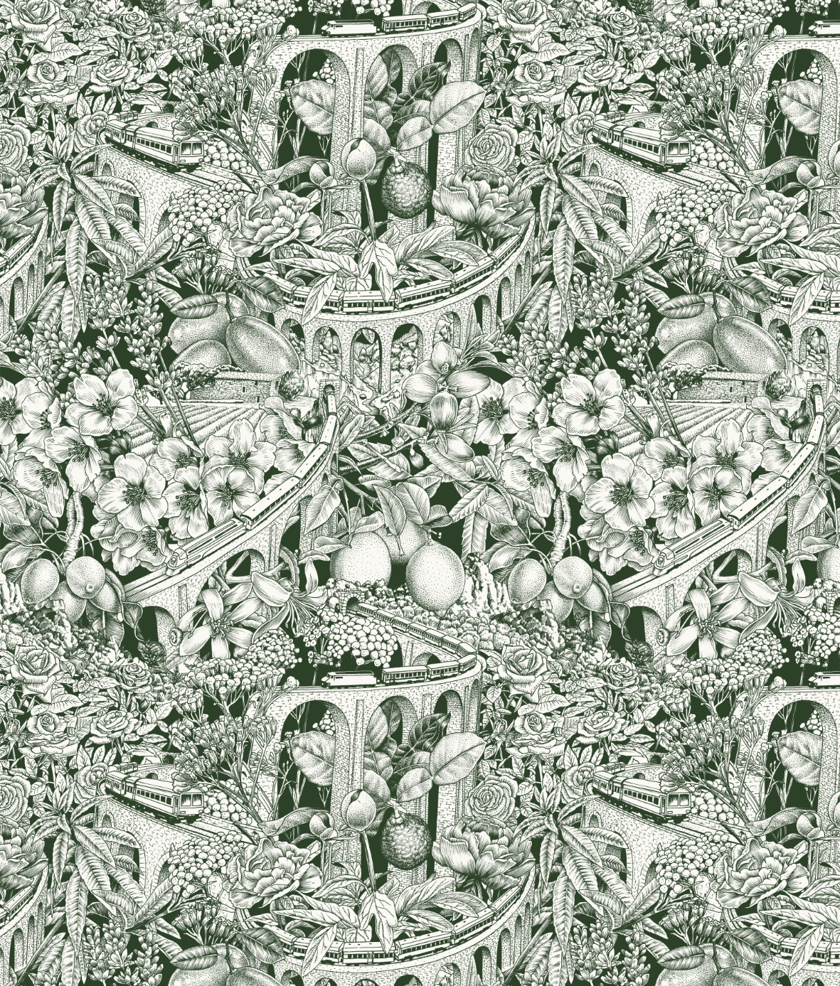 Illustration de motif répétitif (pattern) en gravure et dotwork vert forêt sur fond clair réalisée par l'artiste Shane Hello. Le visuel montre une scène botanique et architecturale dense où s'entremêlent des viaducs ferroviaires avec trains, des citr