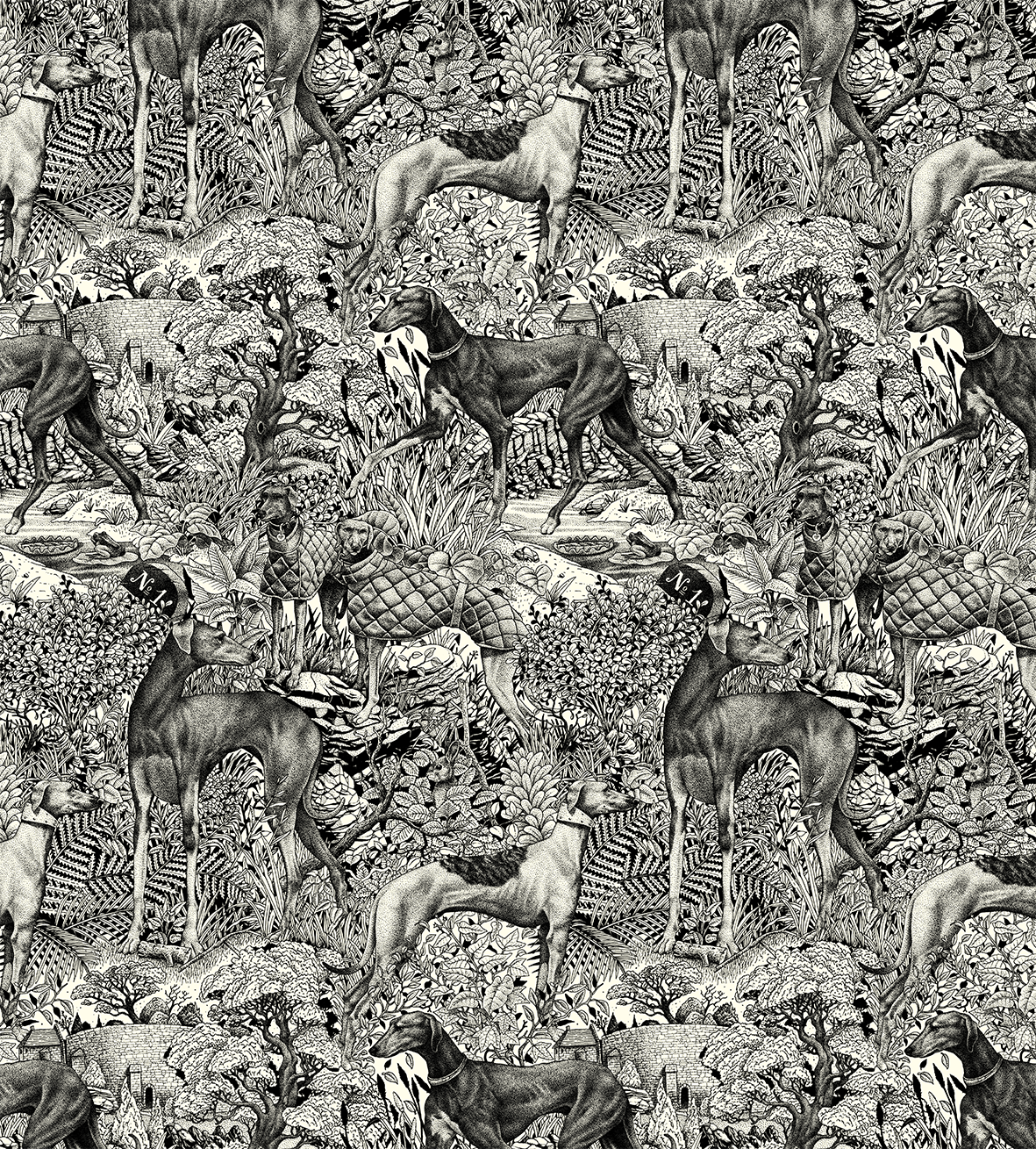 Illustration de motif répétitif (pattern) en gravure noir et blanc réalisée par l'artiste Shane Hello. Le visuel montre des lévriers et chiens de chasse élégants, dont certains portent un manteau matelassé numéroté "N° 1", évoluant dans un sous-bois 
