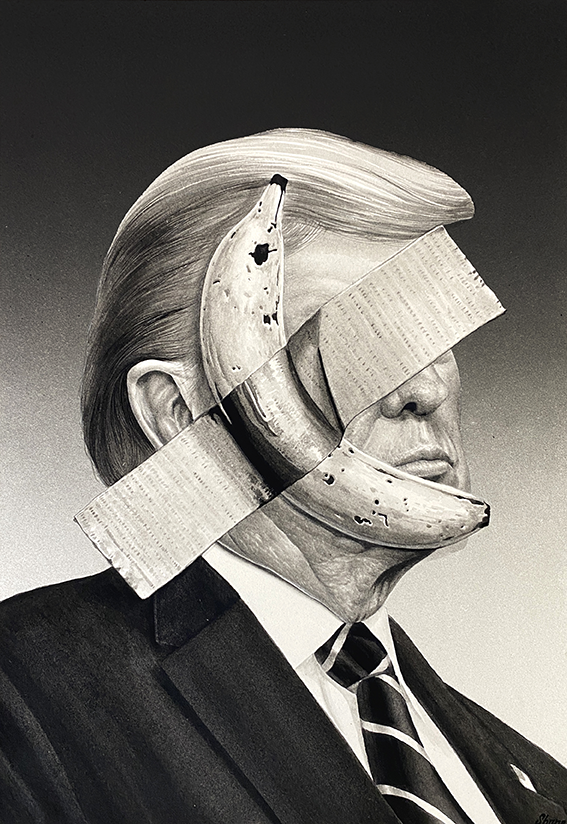 Portrait en noir et blanc de Donald Trump par l'artiste Shane Hello, de profil en costume-cravate. Son visage est masqué par une banane scotchée avec du ruban adhésif gris, en référence explicite à l'œuvre « Comedian » de Maurizio Cattelan. Illustrat