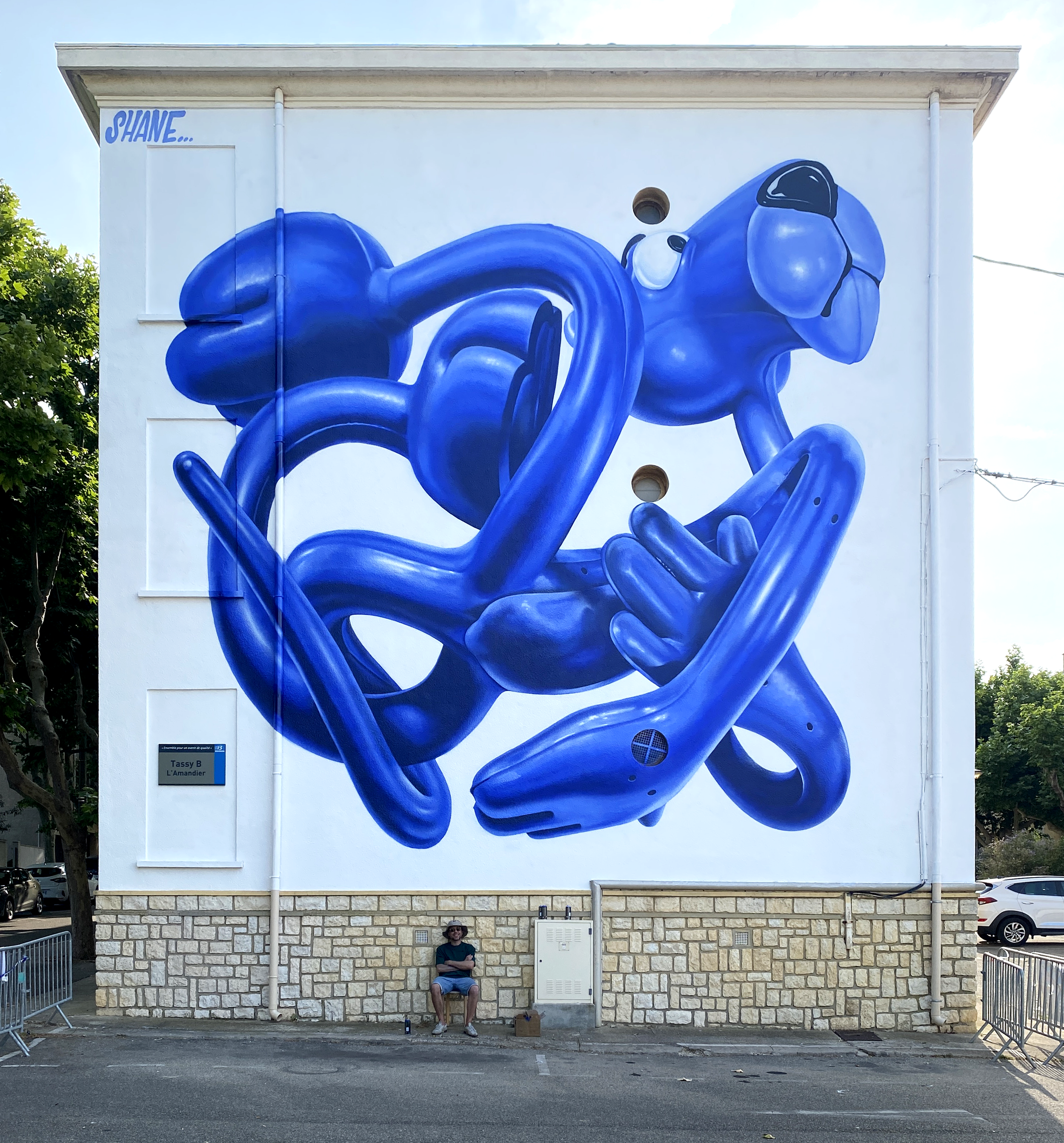 Murale monumentale bleue de Shane représentant une Panthère Rose en jouet déformé sur la façade d'un immeuble blanc. Un homme est assis devant pour donner l'échelle (facade_jouet_pink_panther.webp).