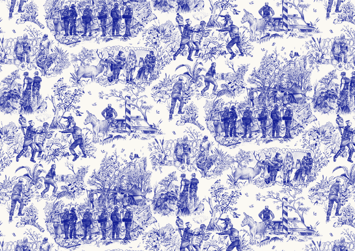 Illustration de motif répétitif (pattern) style Toile de Jouy en encre bleue sur fond blanc réalisée par l'artiste Shane Hello. Le visuel détourne les scènes pastorales traditionnelles en illustrant des sujets contemporains forts : forces de l'ordre 