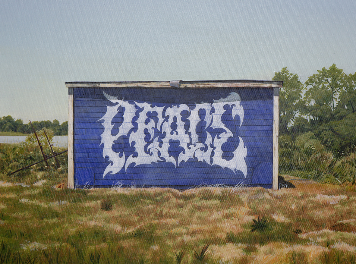 Représentation artistique du contraste entre l'art urbain et la nature : une peinture de cabane rurale peinte en bleu vif, arborant un graffiti "PEACE" élaboré. L'œuvre évoque la juxtaposition d'un message d'espoir dans un cadre sauvage et paisible, 