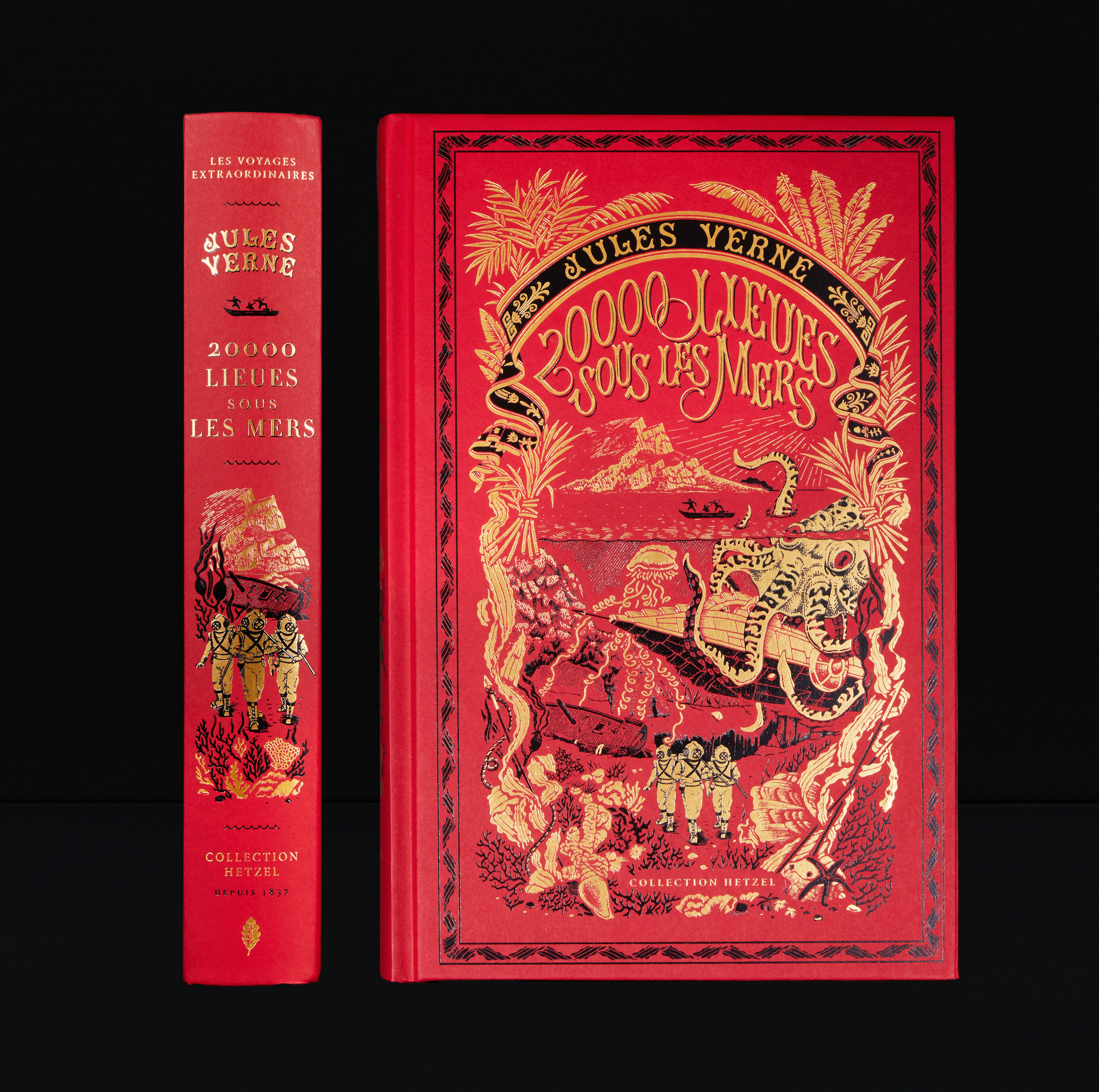 Livre Jules Verne 20000 lieues sous les mers avec dorure pieuvre geante Nautilus et scaphandriers