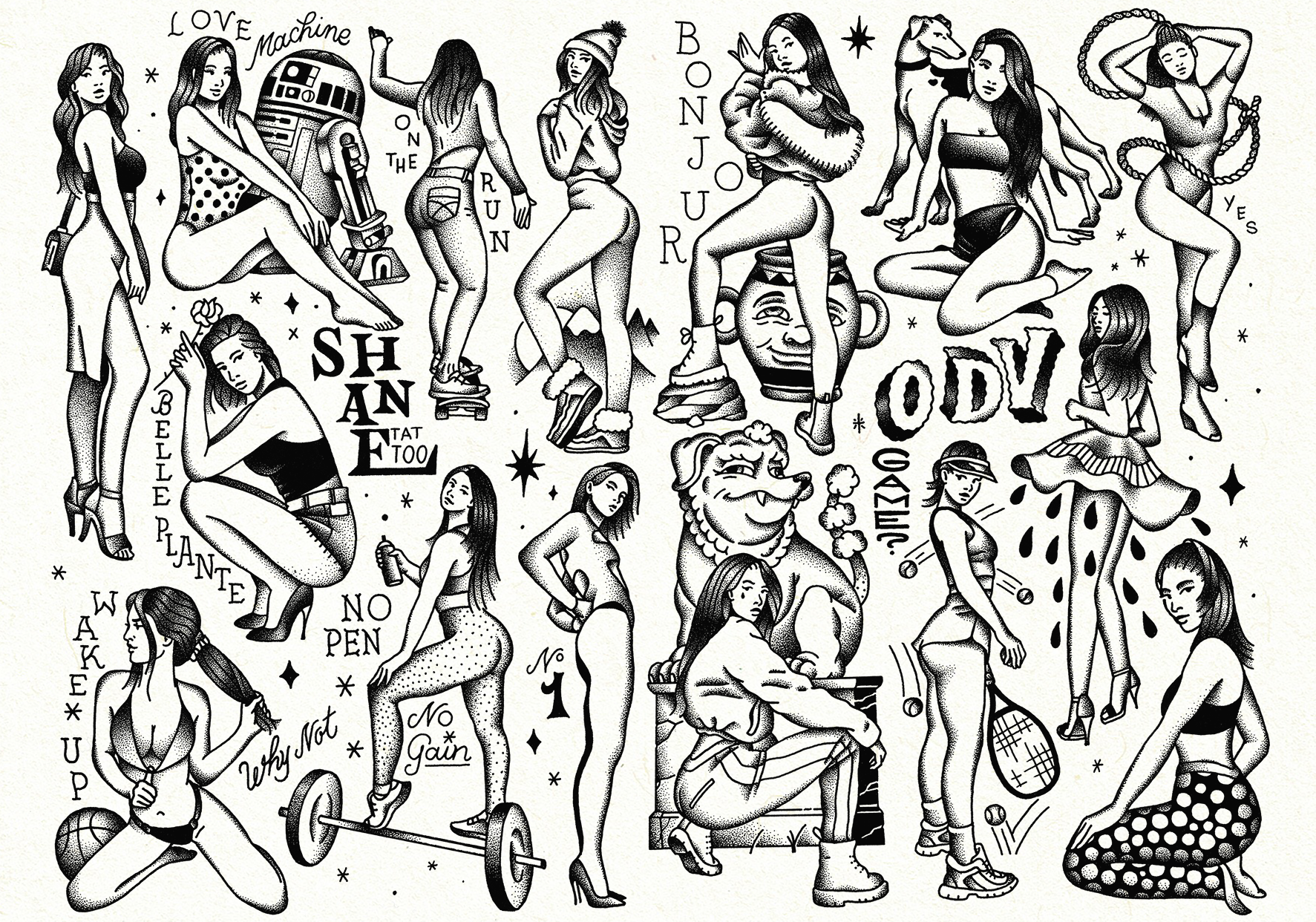 Planche de flashs de tatouage en noir et blanc par l'artiste Shane Hello. L'illustration regroupe plus d'une dizaine de portraits féminins de style pin-up contemporain réalisés en dotwork et hachures : une femme à côté du robot R2-D2 sous la mention 