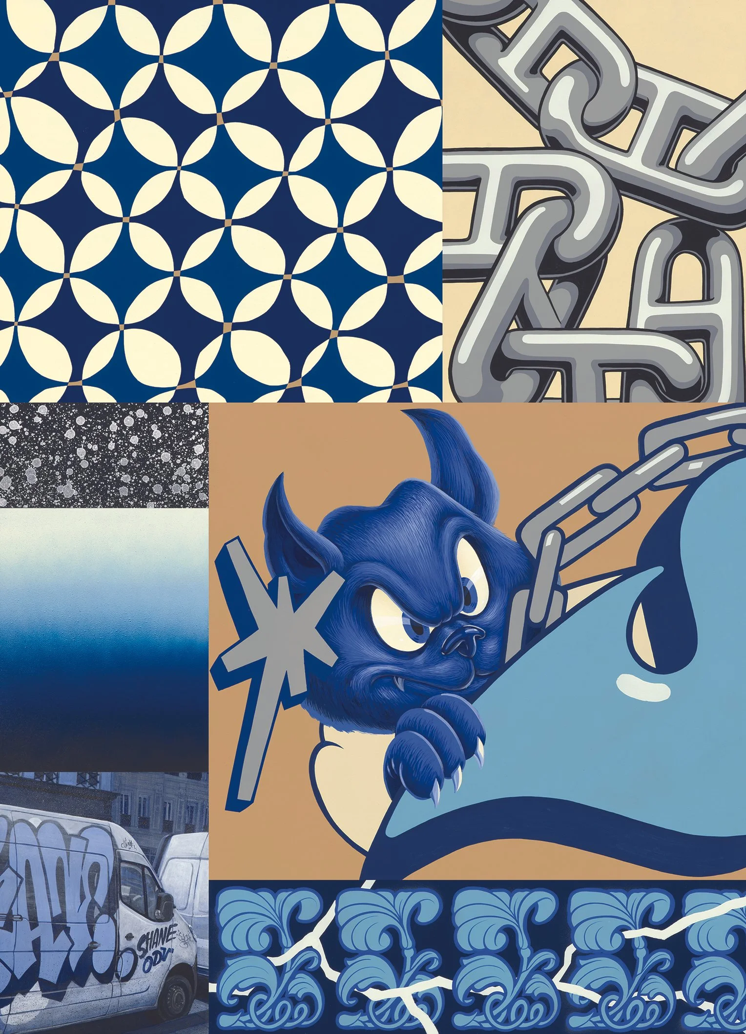 Peinture à l'acrylique sur toile par Shane Hello structurée en un collage rectangulaire de motifs graphiques et urbains. L'élément central montre un monstre ou gargouille bleue aux cornes et griffes acérées tenant une chaîne et une étoile. La composi