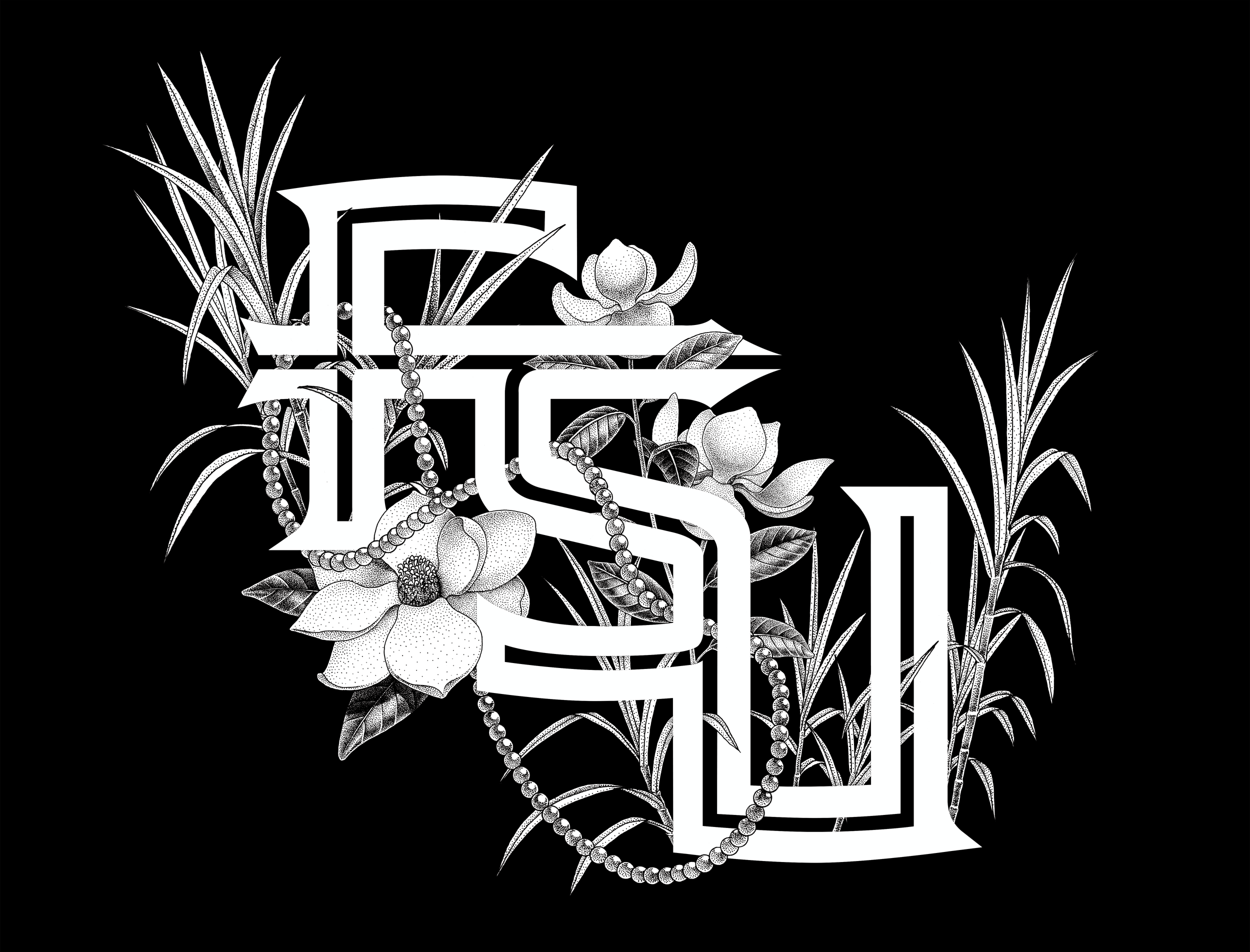Illustration en pointillisme (dotwork) noir et blanc réalisée par l'artiste Shane Hello. Le logo monogramme FSU (Florida State University) en typographie blanche est entouré de magnolias en fleurs, de tiges de canne à sucre ou joncs, et enlacé par un
