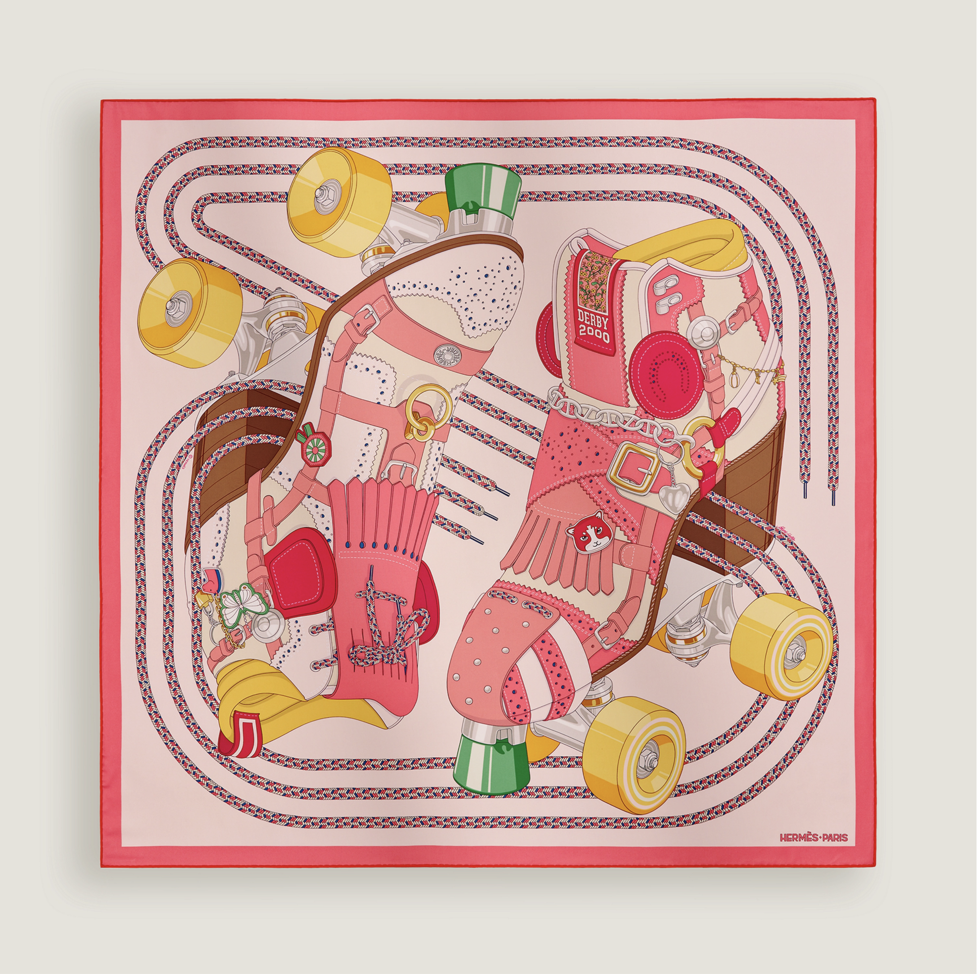 Cette illustration vectorielle présente une déclinaison chromatique vive et pop du projet de carré de soie, nommée derby 2000. L'œuvre est affichée à plat sur un fond crème neutre.
La composition centrale se détache sur un fond rose pâle délicat, enc