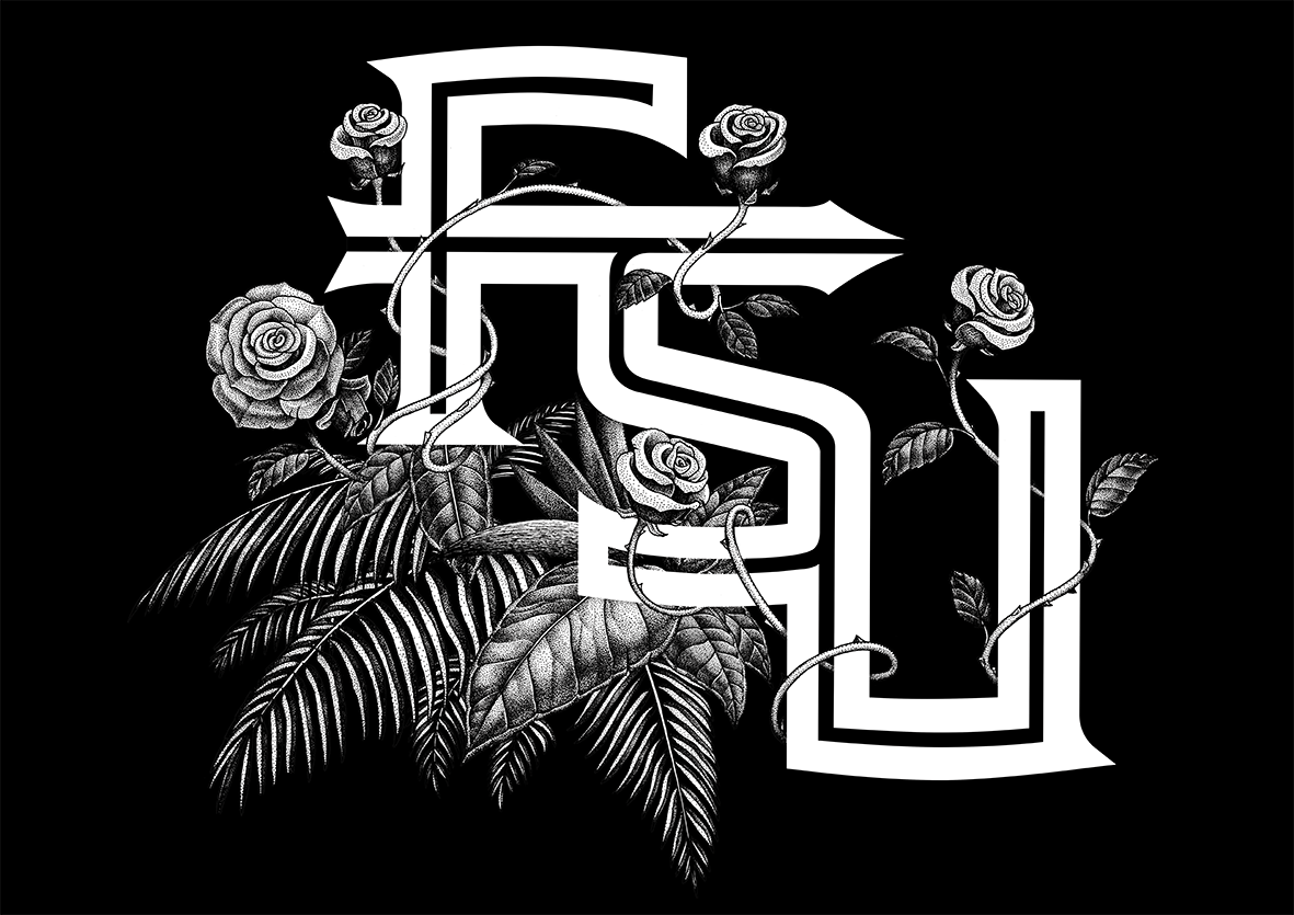Illustration en pointillisme (dotwork) noir et blanc réalisée par Shane Hello. Le logo monogramme FSU (Florida State University) en typographie blanche est enlacé par des tiges de rosiers épineuses portant des roses écloses, reposant sur une composit