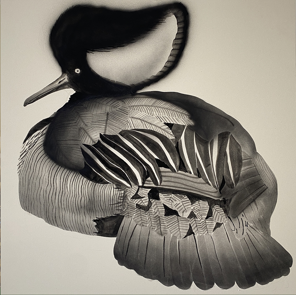 Peinture en noir et blanc de l'artiste Shane Hello représentant un harle couronné (canard) stylisé. L'illustration animalière monochrome met en valeur une huppe imposante, des motifs géométriques complexes et des textures variées sur le plumage du co