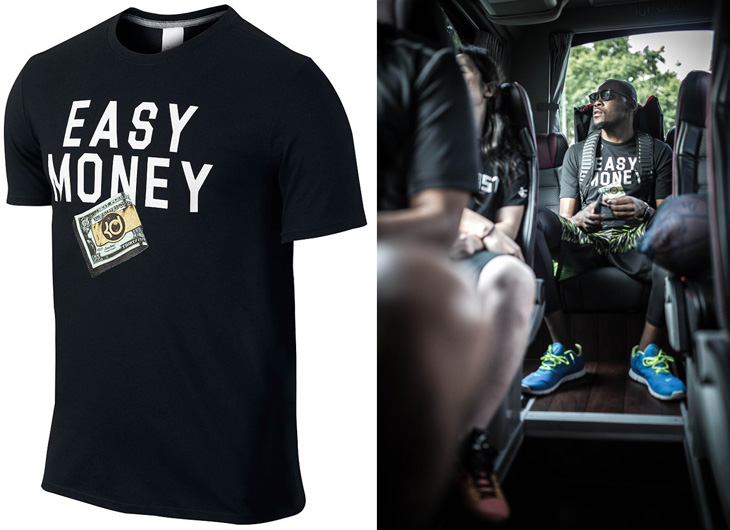 Image composite montrant à gauche un t-shirt noir Nike avec le texte "EASY MONEY" et une illustration de billet plié estampillé du logo KD réalisée par Shane Hello. À droite, le joueur de basketball Kevin Durant porte ce même t-shirt assis dans un bu