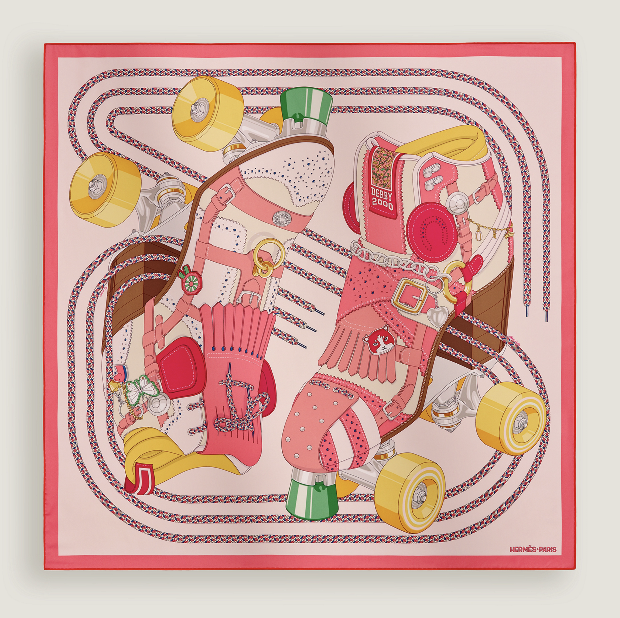 Illustration à plat du carré en soie Hermès "Derby 2000" par l'artiste Shane hello, présentant un motif pop de patins à roulettes quad vintage dans une palette rose bonbon, jaune soleil, vert émeraude et blanc.