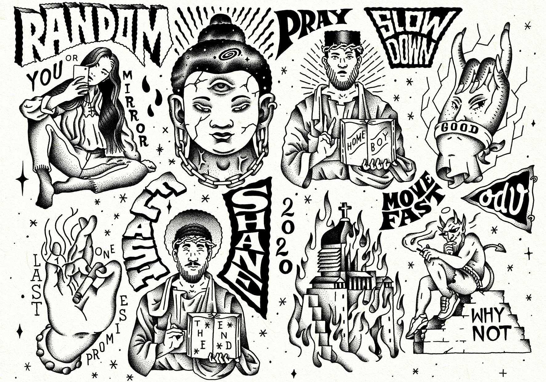 Planche de flashs de tatouage en noir et blanc par Shane Hello. L'illustration regroupe plusieurs motifs spirituels et profanes dessinés en dotwork et hachures : une tête de Bouddha craquelée au troisième œil, un Jésus tenant un livre « HOME BOY », u