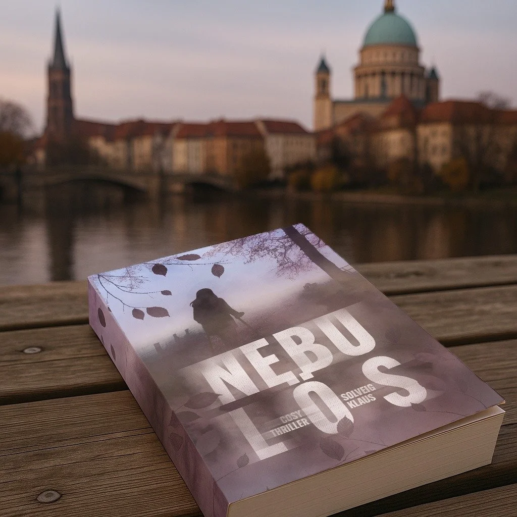 Der neue Cosy-Thriller von Solveig Klaus liegt auf einer Bank, im Hintergrund der Berliner Dom und das rote Rathaus