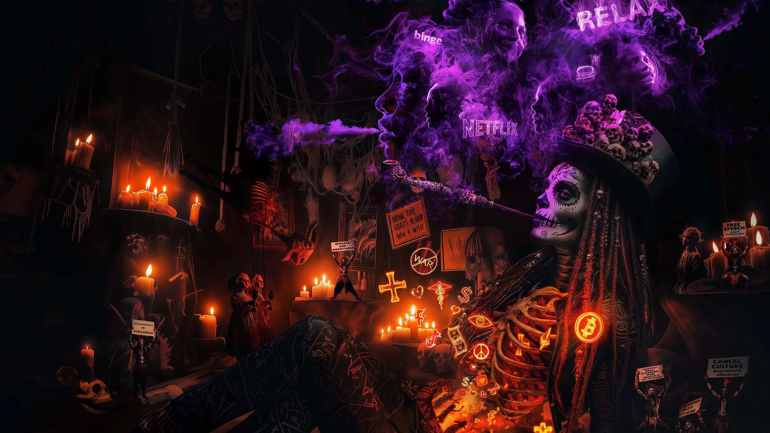 A surreal digital artwork featuring a skeleton with dreadlocks and a painted face, sitting among candles, skulls, and various symbols. Purple smoke emanates from a pipe, with words like 'binge,' 'relax,' 'Netflix,' and various protest signs in the background.