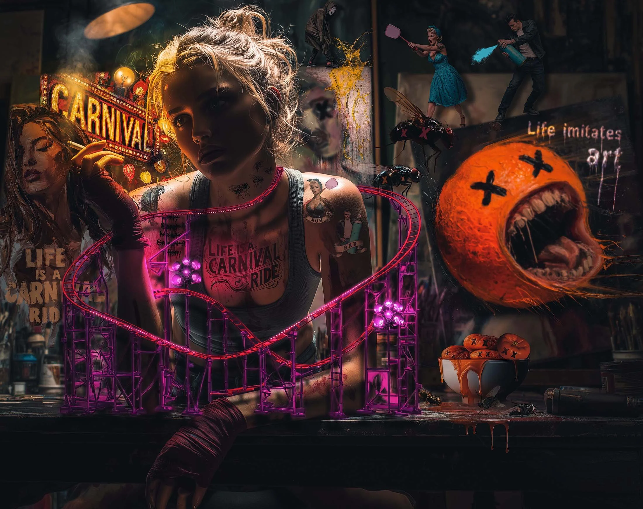  Life Is A Carnival Ride 
   

 Society could collapse tomorrow - aliens finally landing, lasers carving up the skyline - and I’d still be standing there, mid-shower, wondering: Did I soap both armpits, or did I just zone out again? Just like the mai