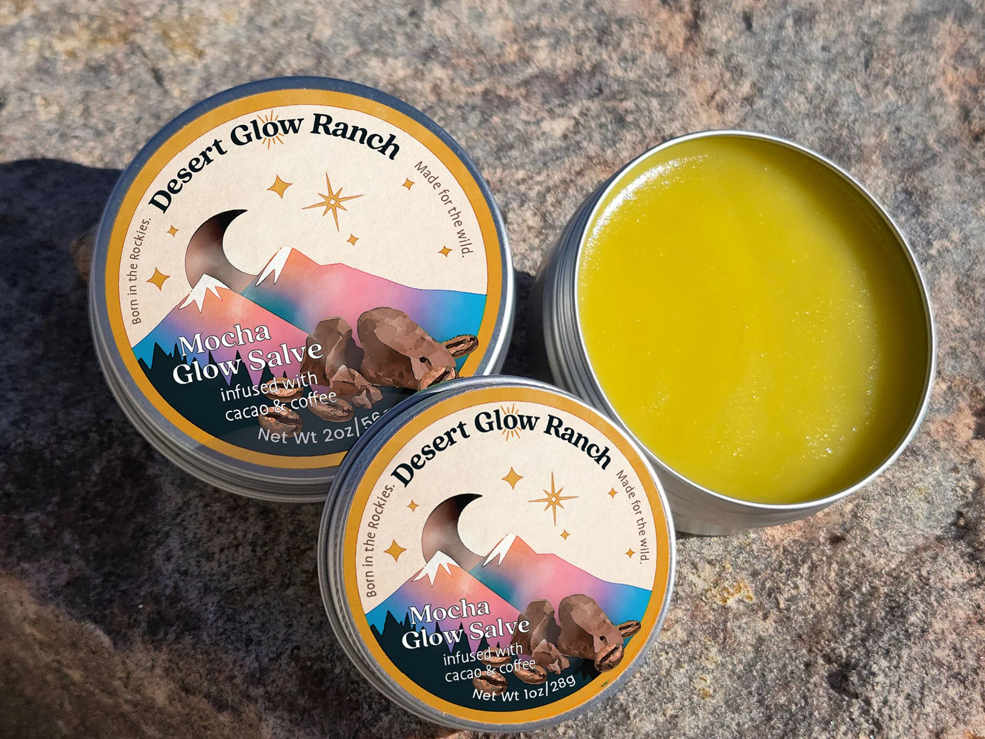 Close-up of two containers of Mocha Glow Salve from Desert Glow Ranch label design by Kat Fox Design