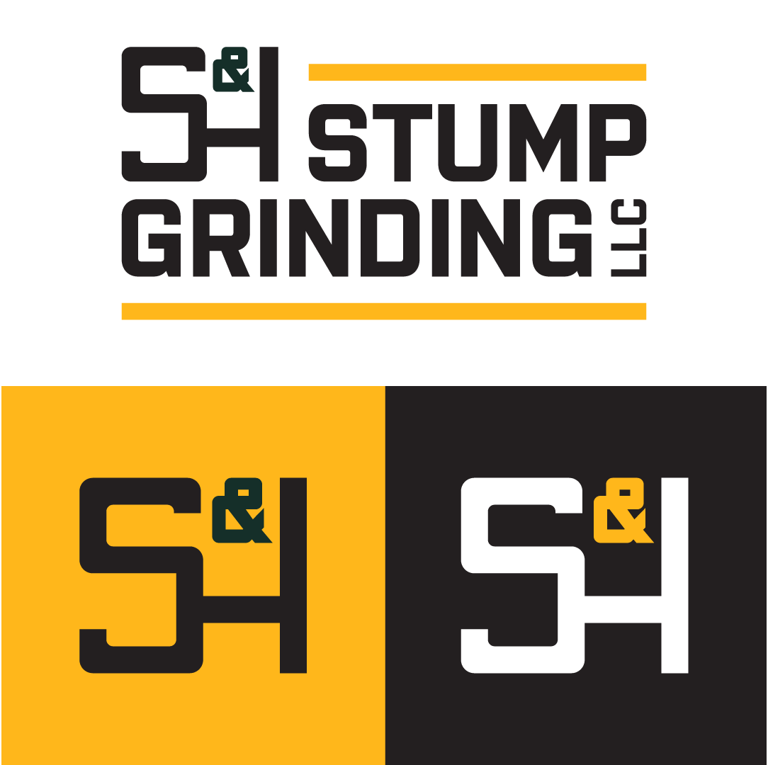 logo design suite designed by kat fox design for S&H Stump Grinding LLC in Waverly PA featuring a stylized S and H in a modern configuration