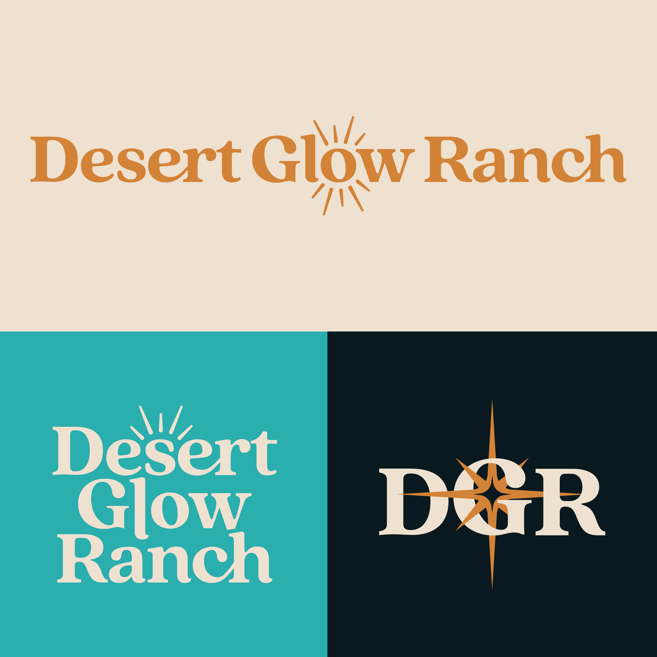 Three different logo designs for Desert Glow Ranch with a sunburst graphic and text.