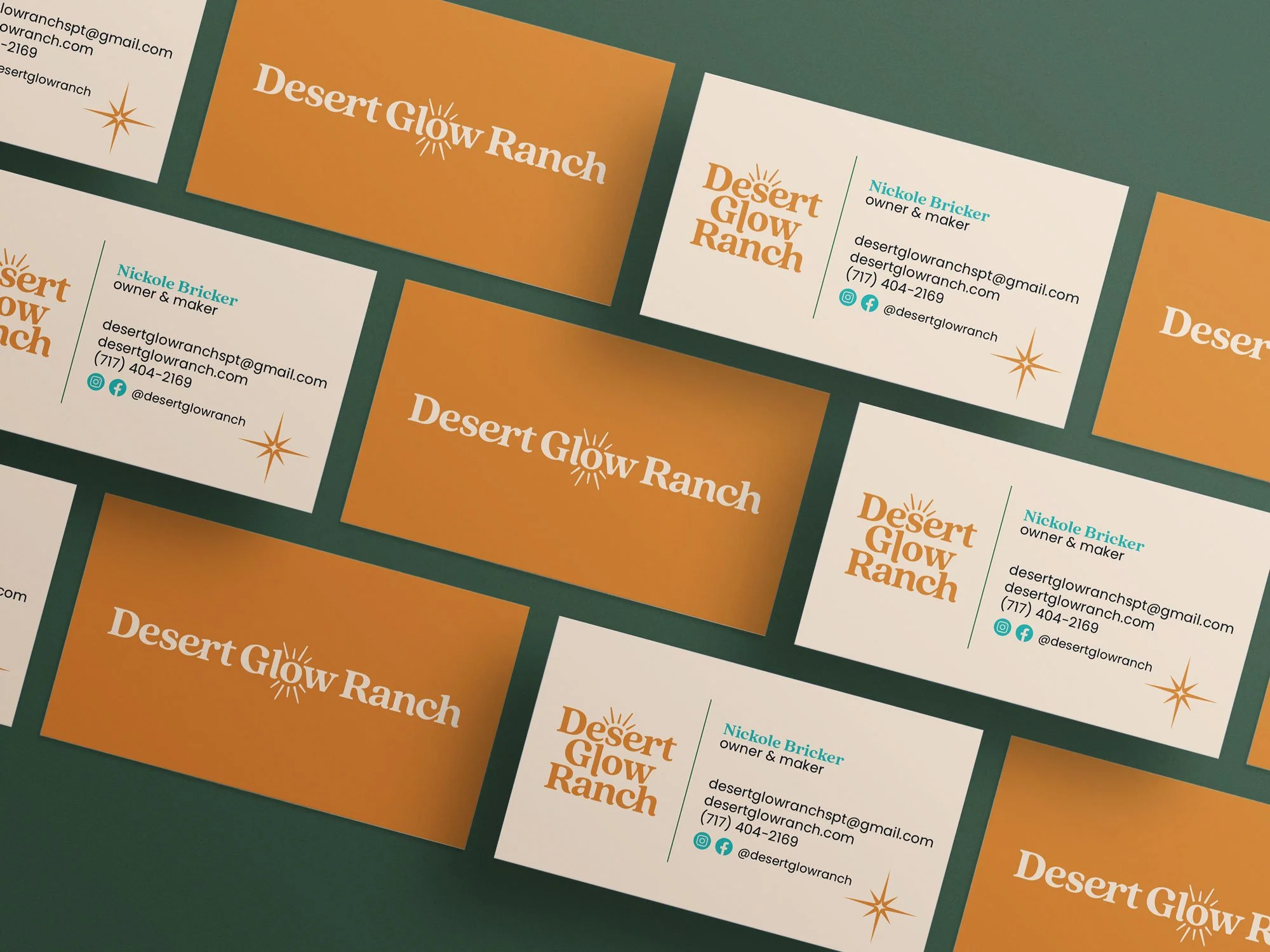 Business cards for Desert Glow Ranch featuring the ranch's logo, contact information for Nickole Bricker, and branding with orange and teal colors.