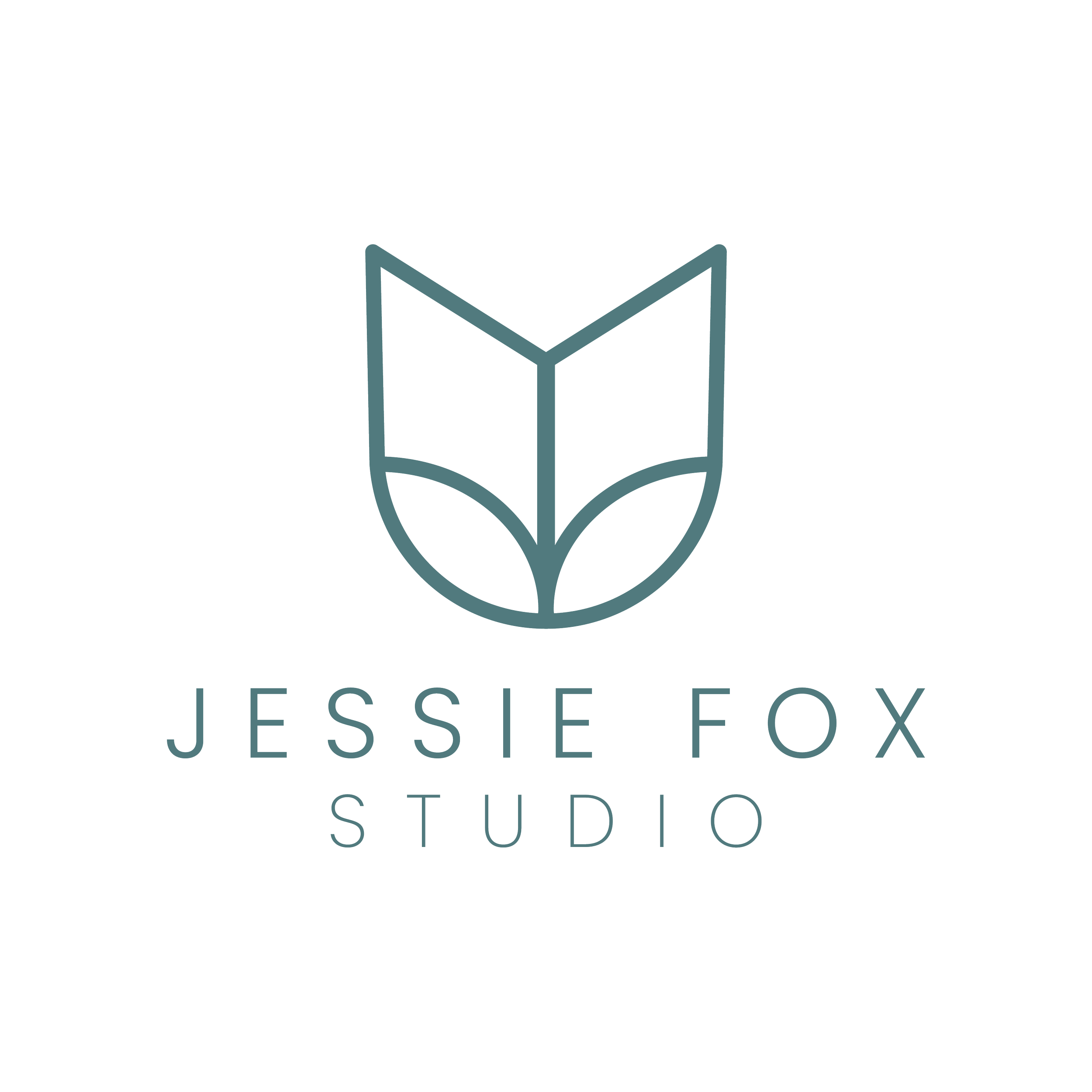 Logo of Jessie Fox Studio featuring a minimalist line art of an open book with stylized flower petals at the base.