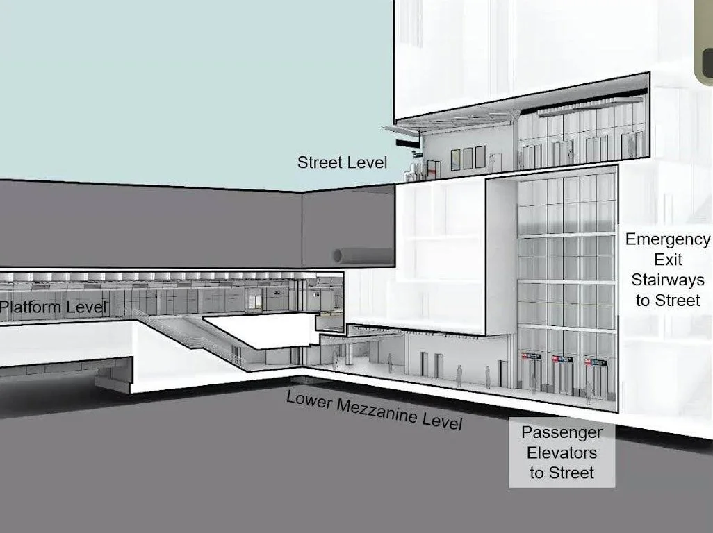 A rendering of the short below-mezzanine and elevator-only entrance to the 116 St station on SAS Phase 2.