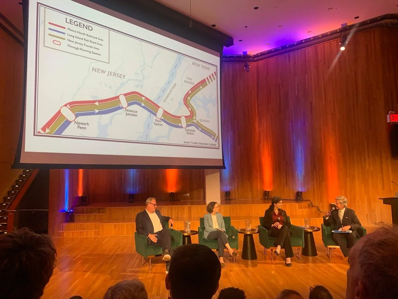 Panel on stage. From left to right: the RPA’s Tom Wright, NYU Wagner’s Polly Trottenberg, ETA’s Blair Lorenzo, and Manhattan Borough President Brad Hoylman-Sigal