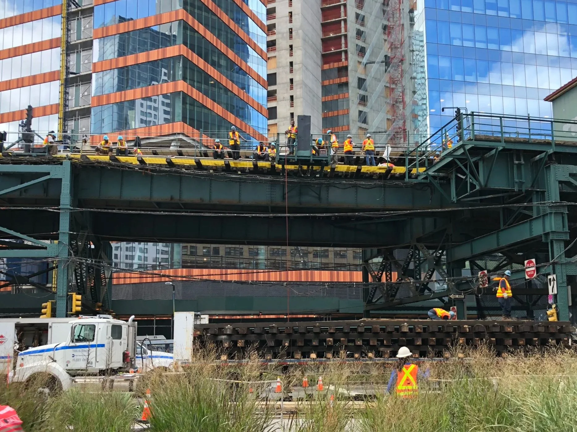 MTA maintenance crews hard at work on an elevated portion of the subway