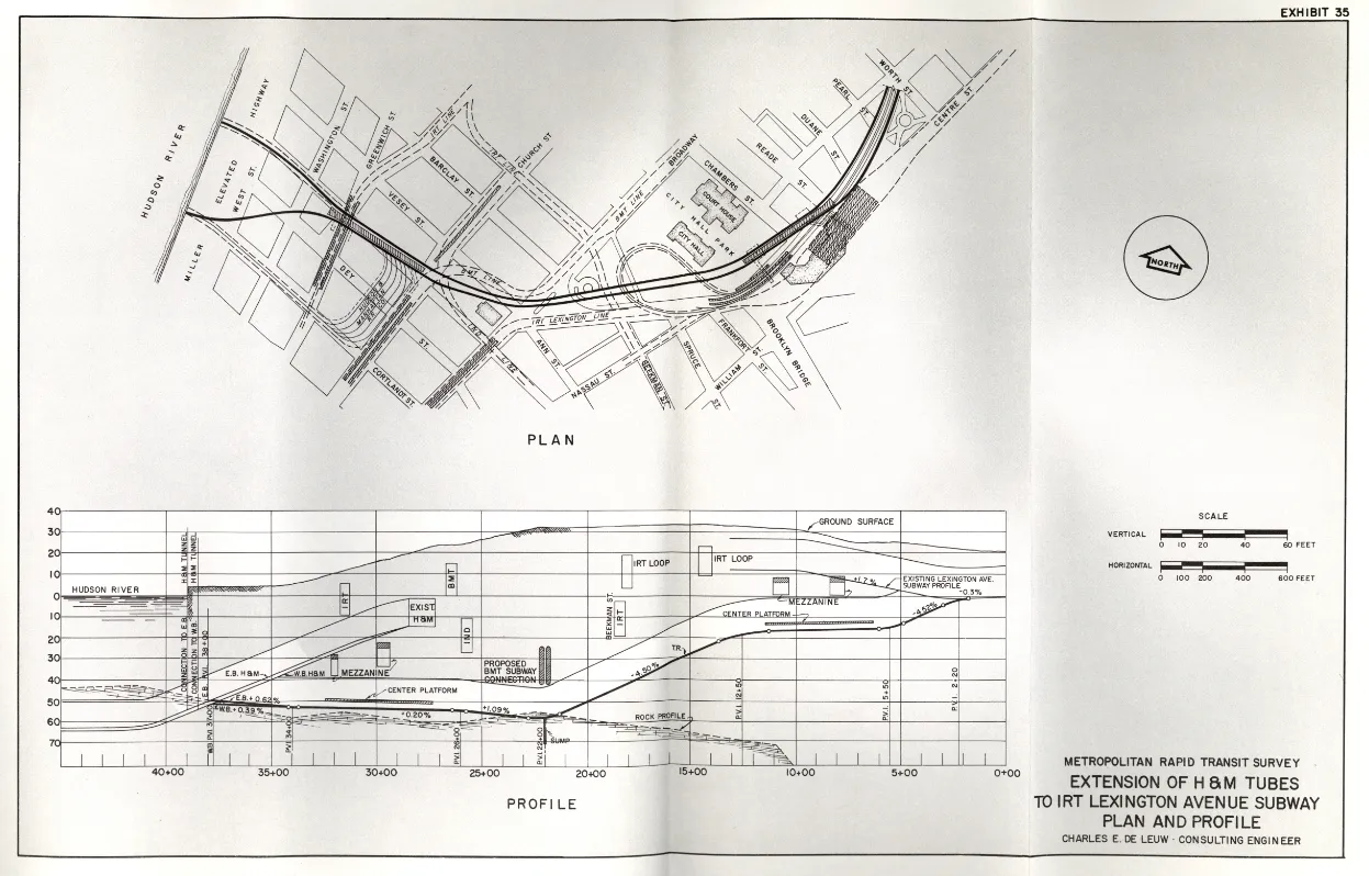 The engineering schematic of the Port Authority’s 1957 plans to connect the now-PATH to the 6.