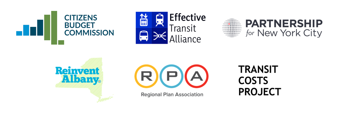 Logos of the Citizens Budget Commission, ETA, the Partnership for New York, Reinvent Albany, the Regional Plan Association, and the Transit Costs Project