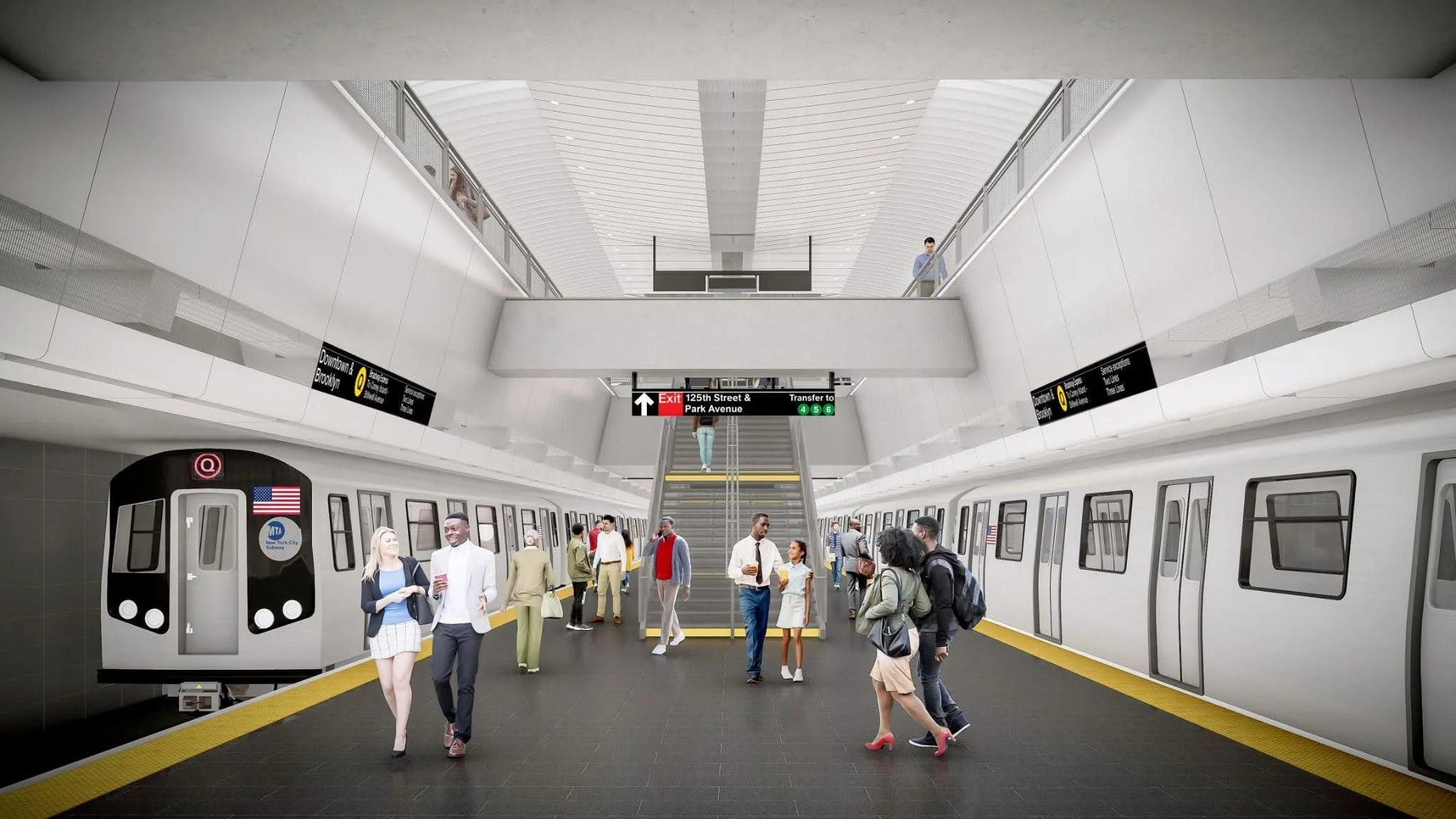 A rendering of the 125 St/Lexington Av station on SAS Phase 2. The platform is 30 ft wide and the station box is 63 ft wide.