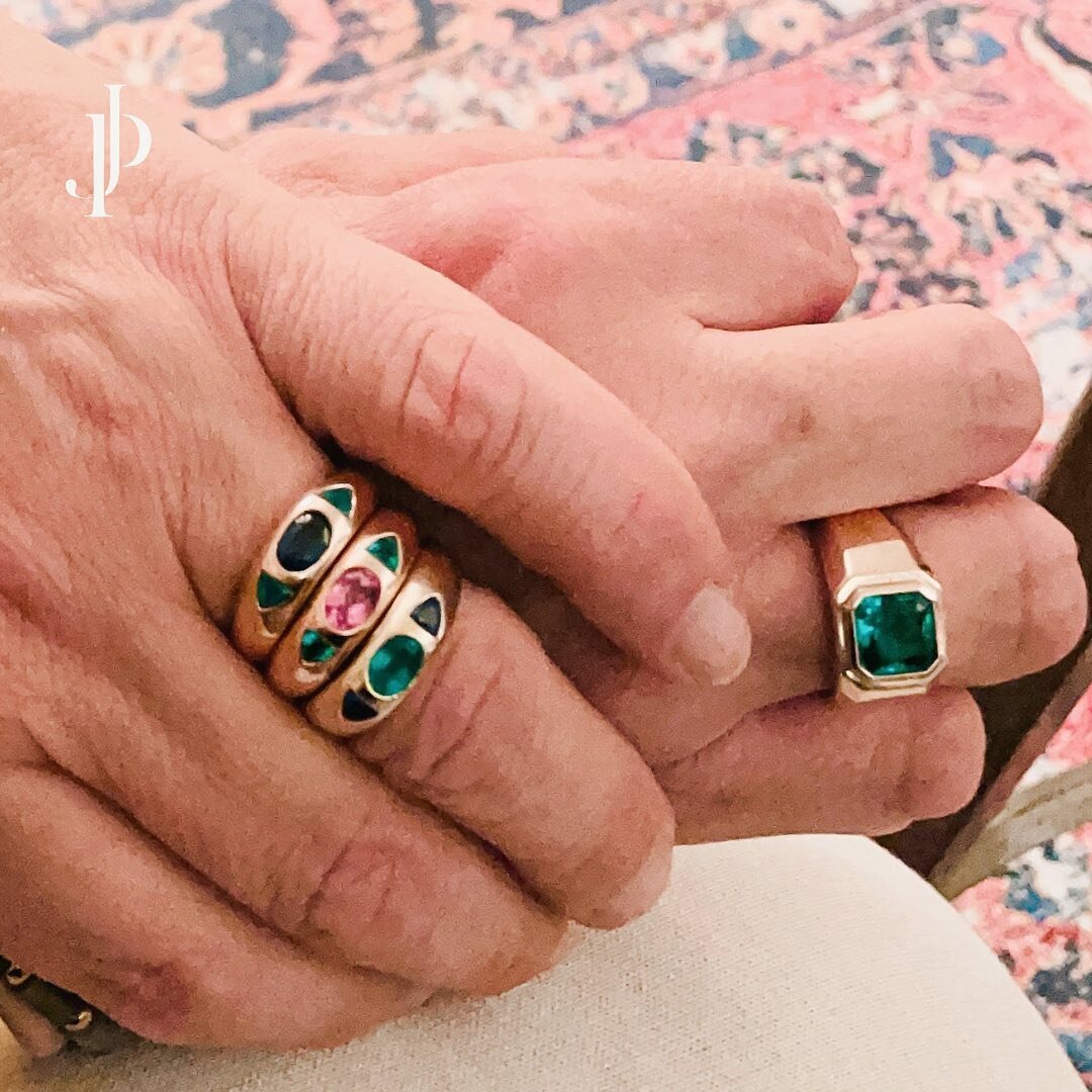 When my good friend Michael asked for these three stack rings - Pink Sapphire, Blue Sapphire, and Emerald - we knew they'd be stunning. Look how he's elevated them with his own unique flair! 💎💙💚 His effortless style takes these beauties to the nex