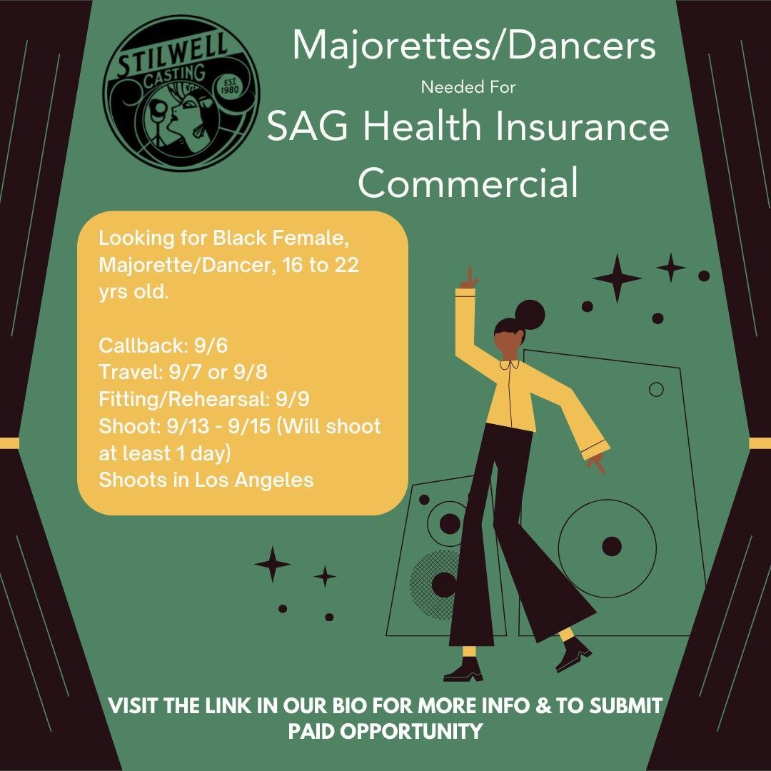 CASTING: Majorettes and Dancers! SHOOTS: 9/13-15 in Los Angeles, CA. MUST submit by 9 AM, FRIDAY 9/2 via the link in bio.
#dancers #majorettes #SAGcasting #healthinsurance