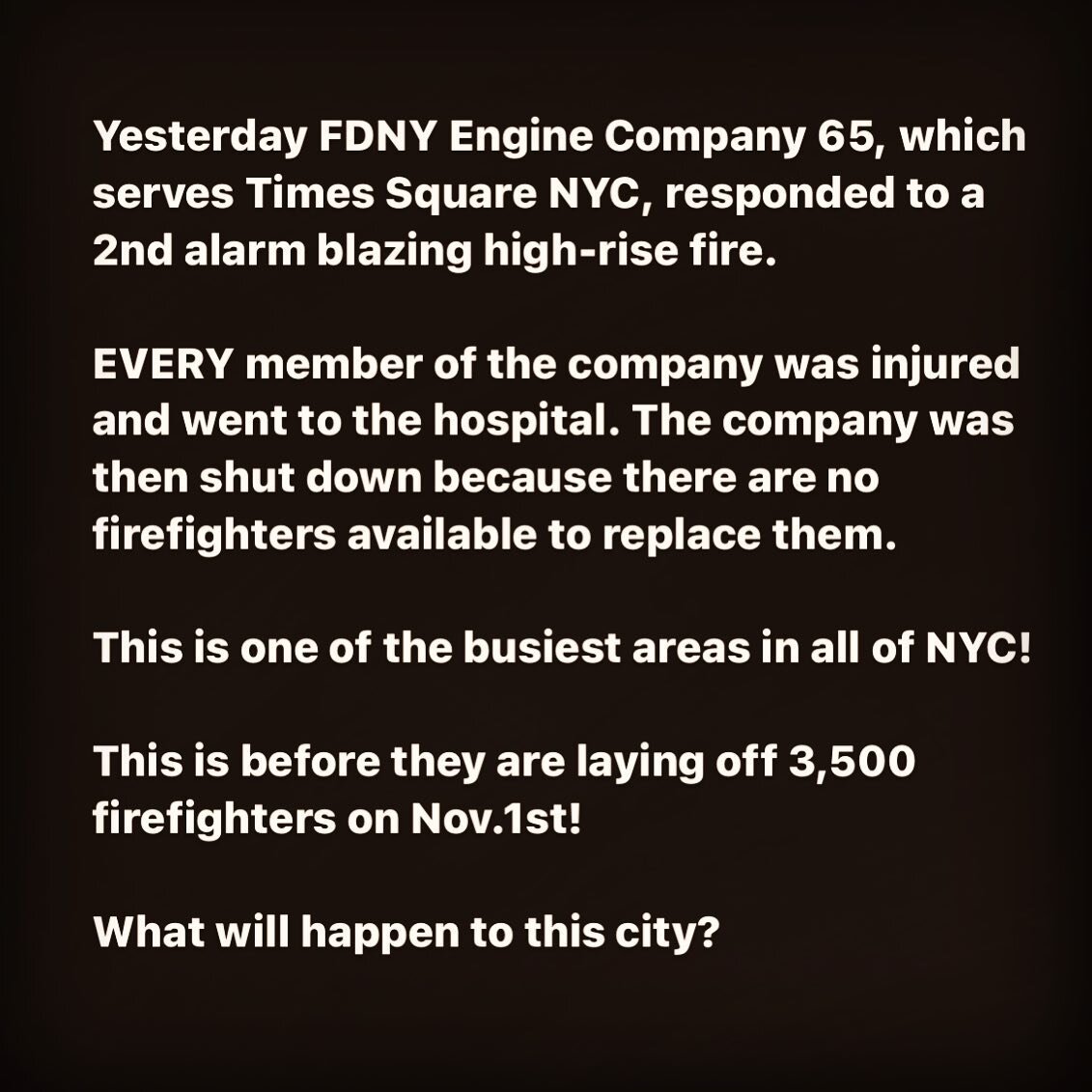 We can&rsquo;t afford to lose 1 more Firefighter. The mayor wants to fire 3,500 on Nov.1st&hellip;..#HOLDTHELINE