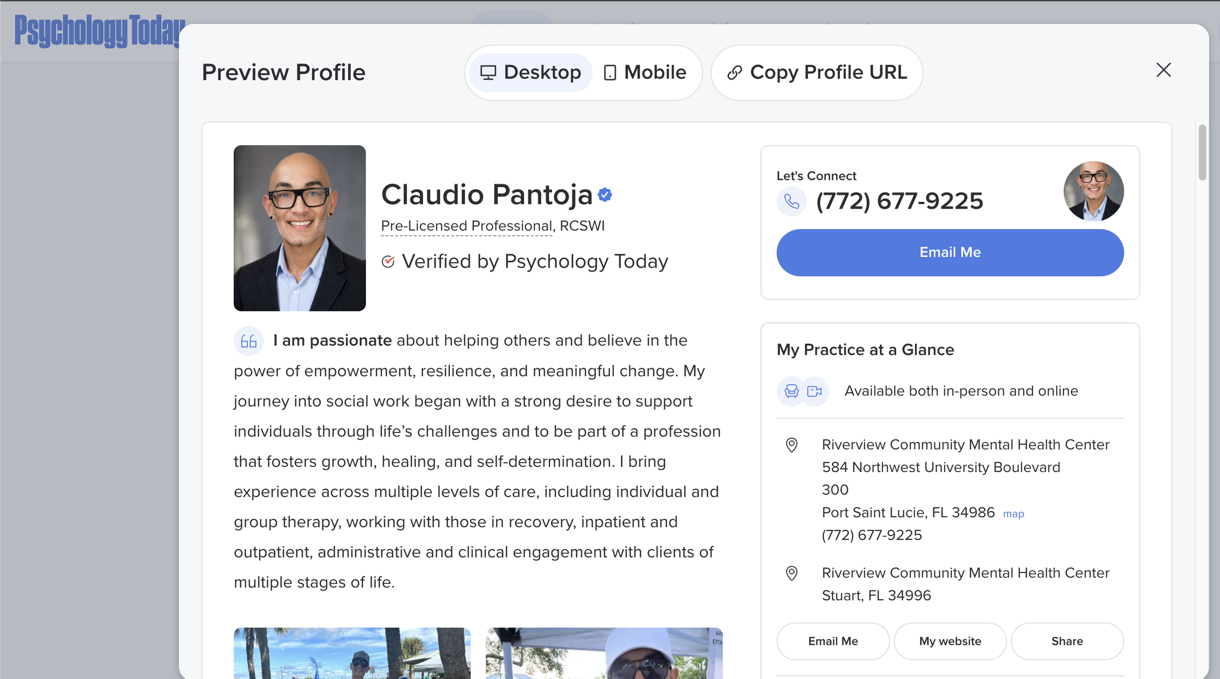A digital profile card for Claudio Pantoja, a verified pre-licensed professional in psychology, featuring his photo, contact information, a brief biography, and icons indicating availability for in-person and online services at Riverview Community Mental Health Center in Port Saint Lucie, Florida.