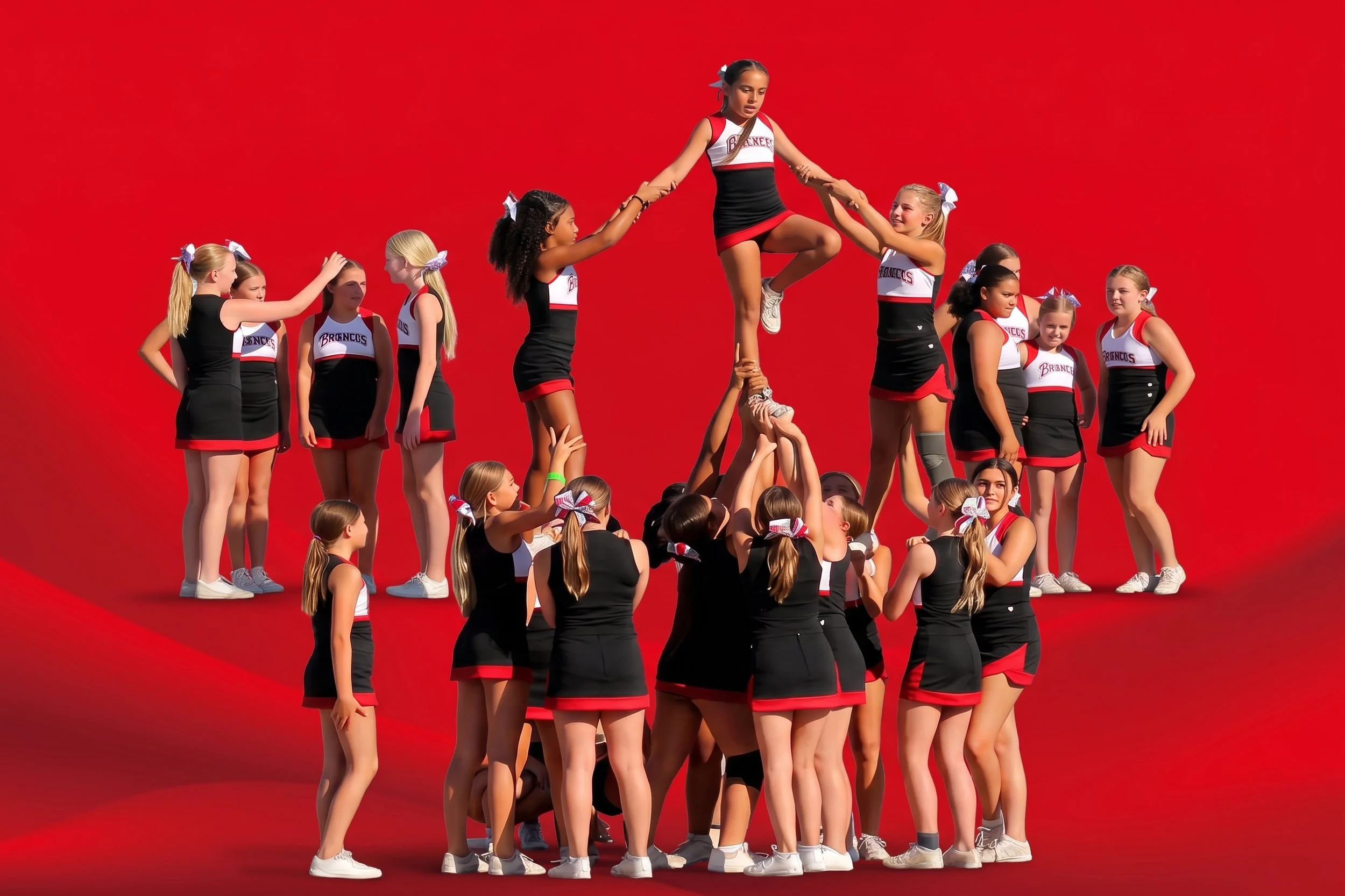 Cheerleaders holding pom poms above their head