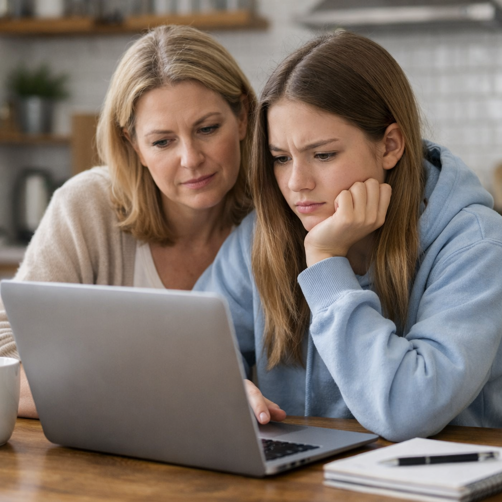 High school student and parent reading a college admissions email at home
