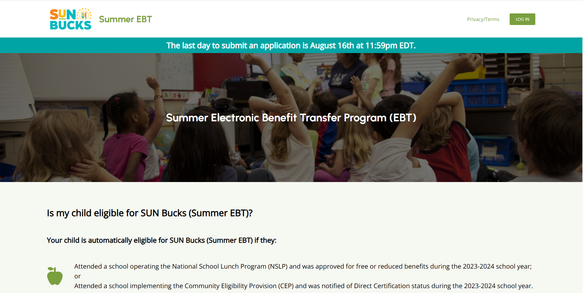 Indiana SunBucks Landing page for users