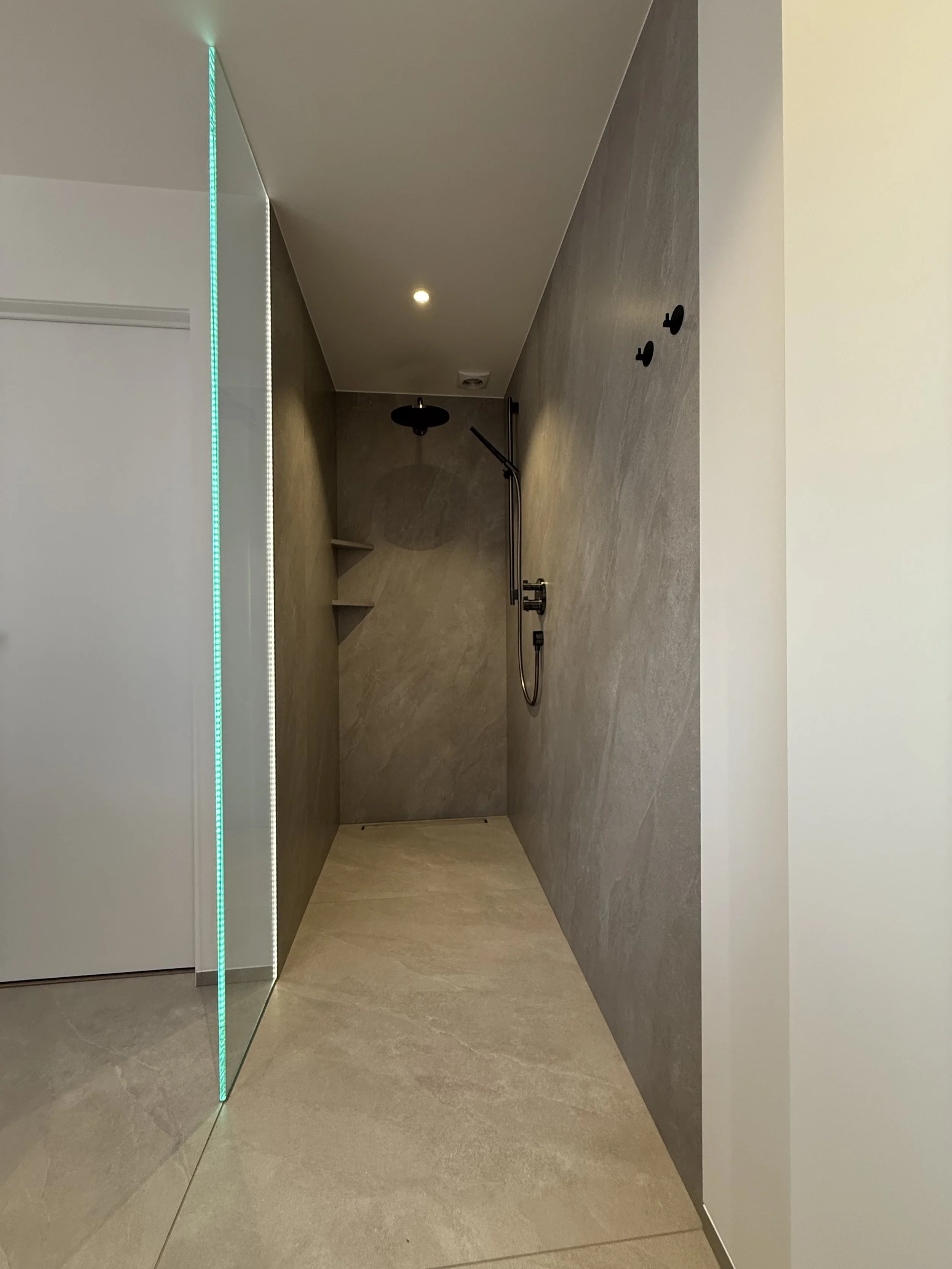 Moderne inloopdouche met grijze tegels, regen(douchekop), een handdouche en ingebouwde wandrekken.