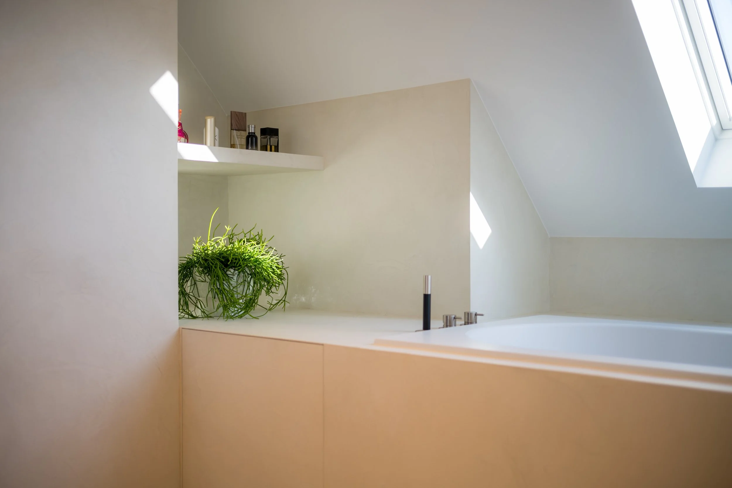 Witte badkamer met een inloopbad, een plant, een spiegel en skylights met natuurlijk licht