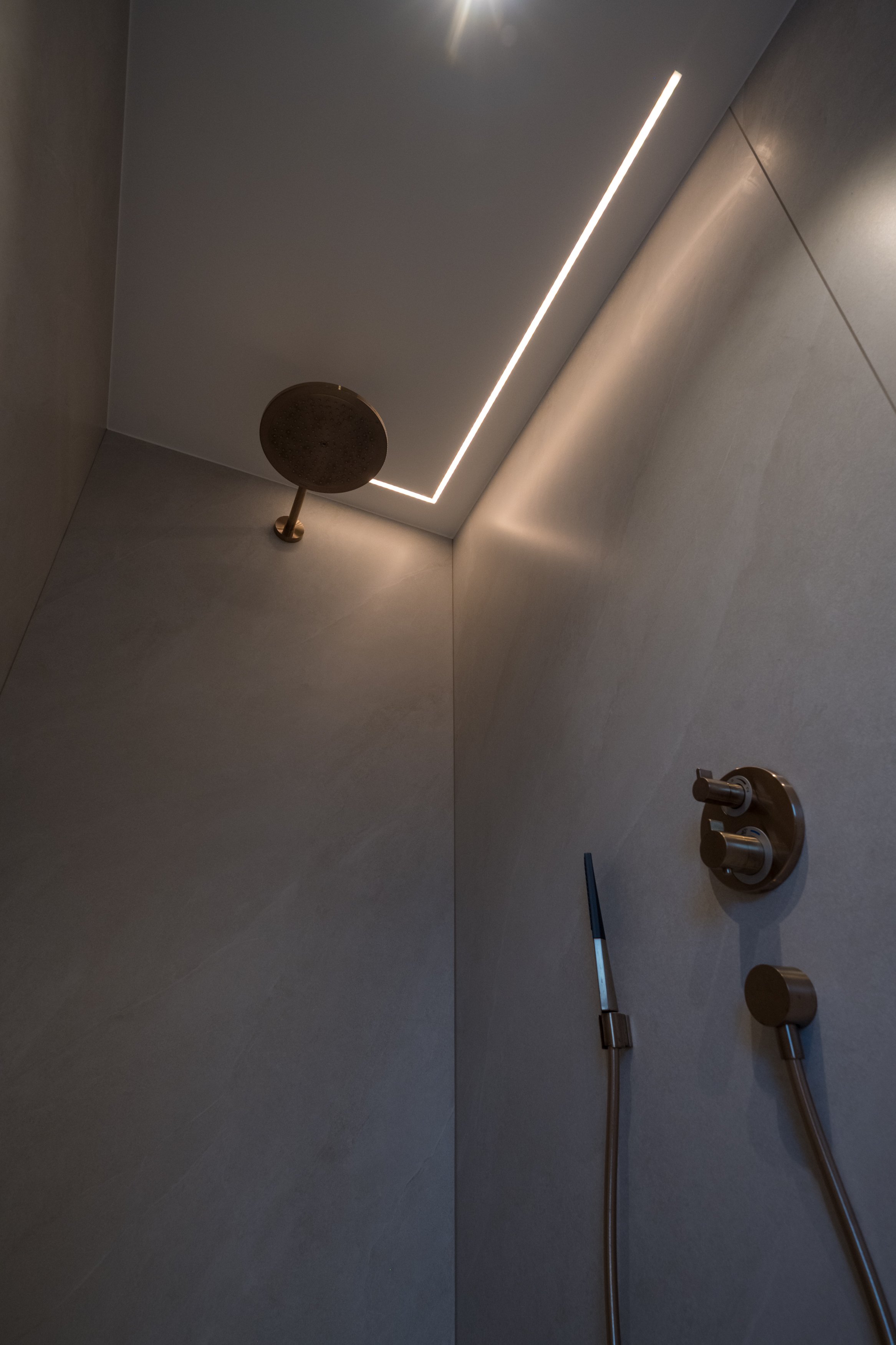 Close-up van een moderne inloopdouche met een doucheslang en een waterval-douchekop, met geïntegreerde LED-verlichting in het plafond.