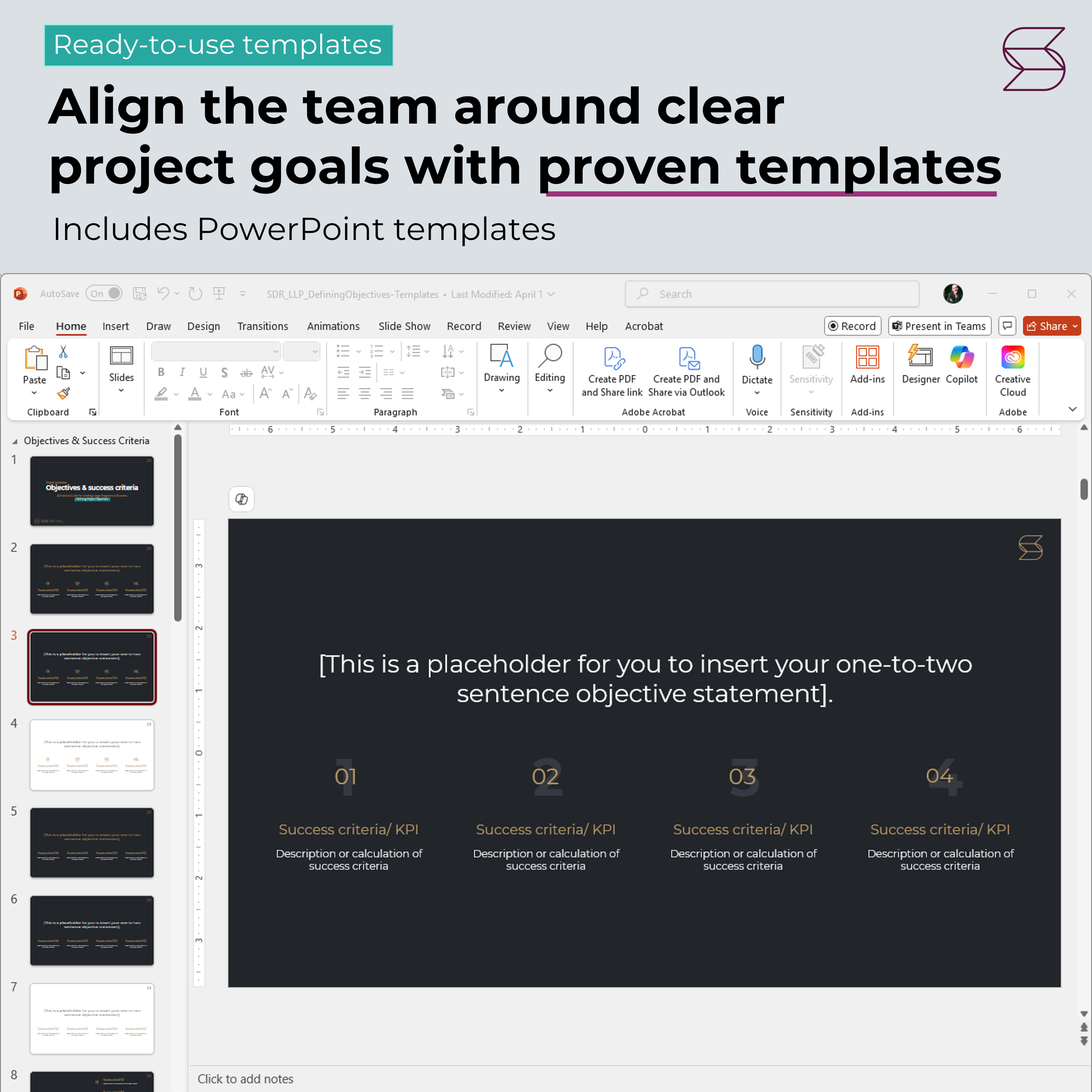 Preview of customizable PowerPoint templates included in the SDR Retail Objectives & Success Criteria Pro Bundle, designed to support program leadership and planning efforts.