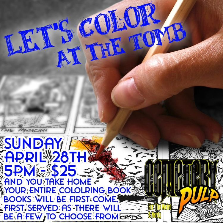 Today at the tomb introverts unite to disassociate! Let's not talk, watch movies and color till we have the energy to function again. All supplies included and take home your coloring book. Sign up at cemeterypulp.com or in store
.
.
.
.
#coloringboo