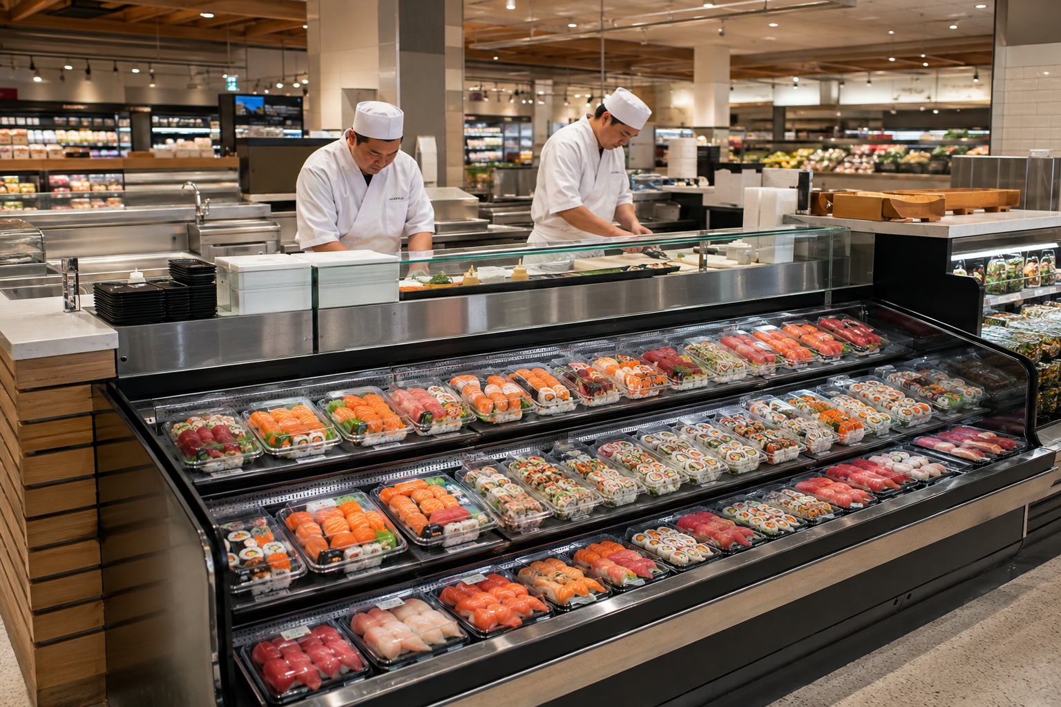 Supermarket sushi kiosk with chefs and refrigerated displays of packaged tuna and salmon sushi