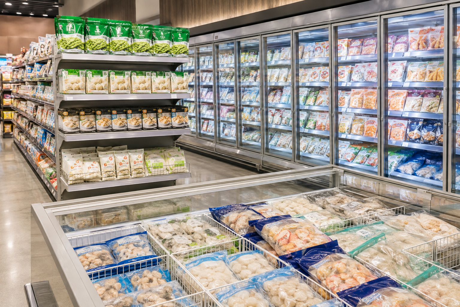 Asian grocery products including edamame, gyoza, and frozen seafood displayed in a modern supermarket