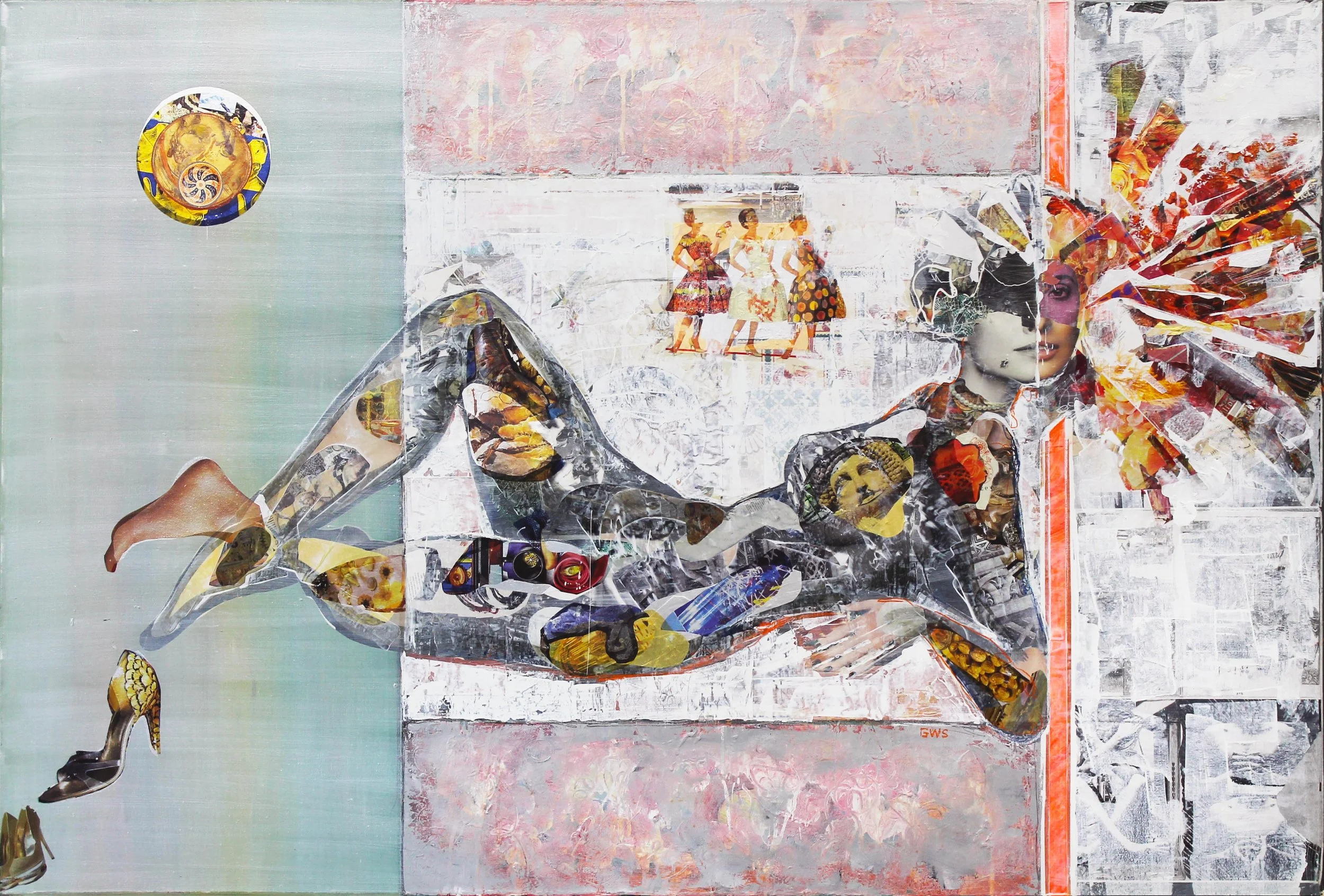  Faces Four, 54 x 80 x 2 inches, mixed-media and acetate on canvas, 2018,  private collection  