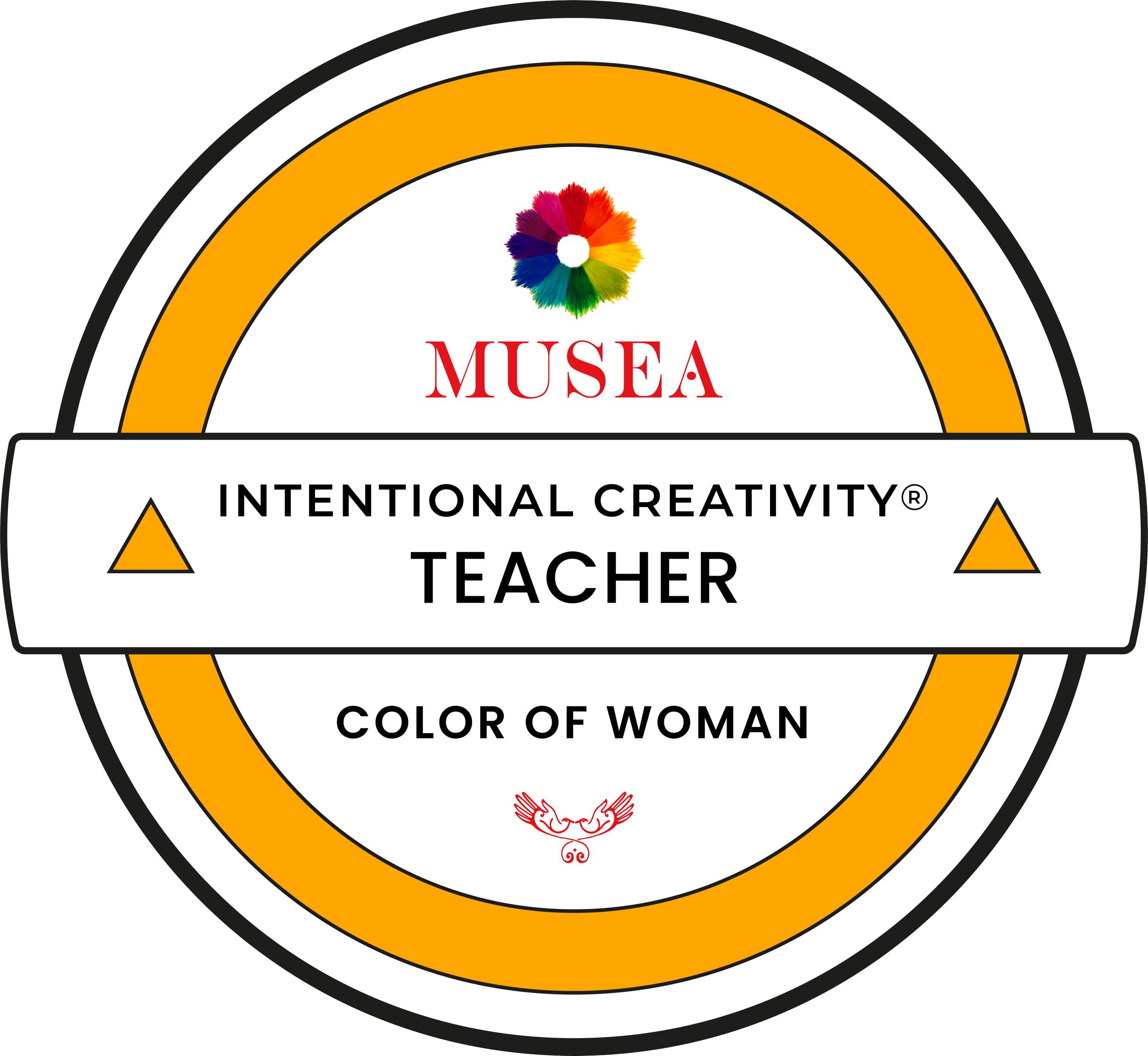 Circular badge with the text "Musea Intentional Creativity Teacher Color of Woman." Features a colorful flower at the top and yellow border triangles.